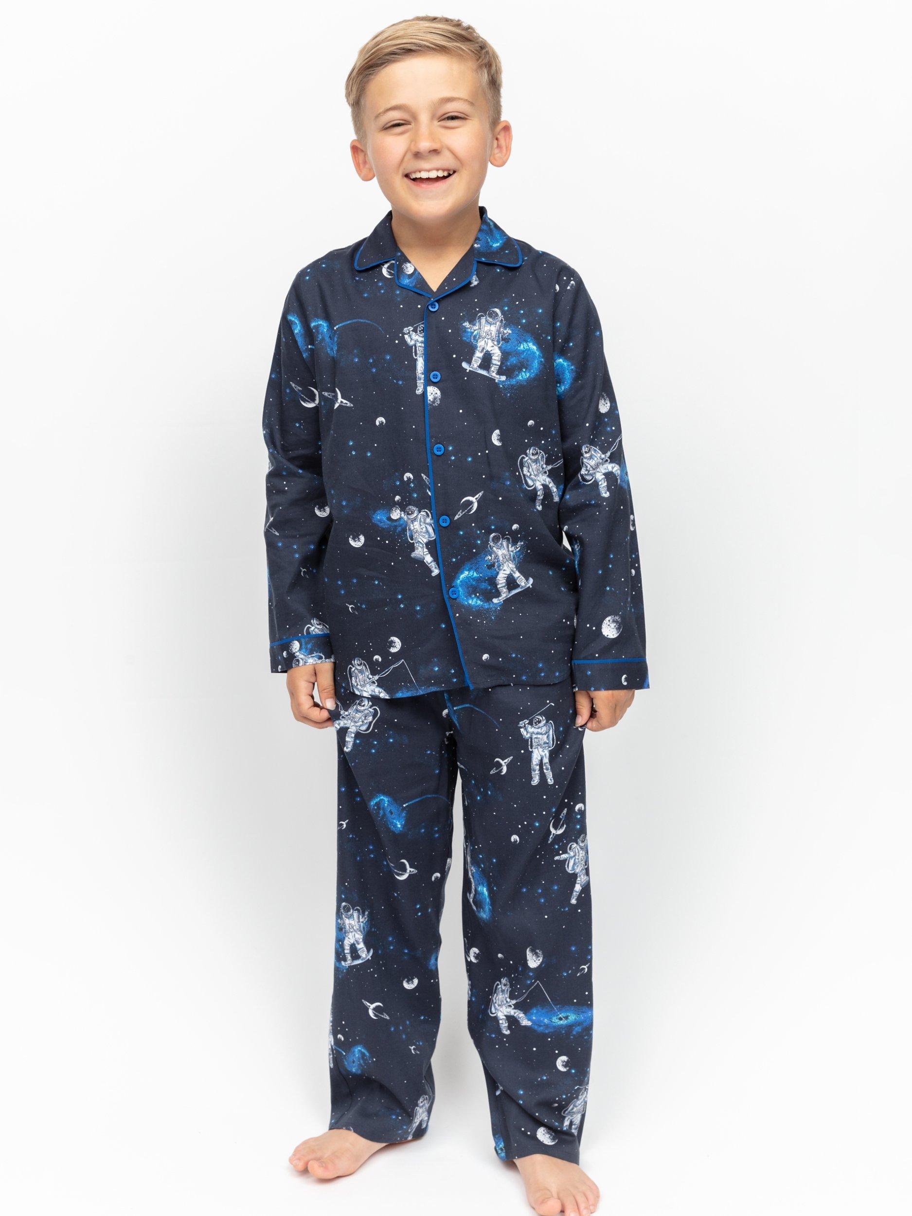 Product image 2 of 4, which shows Minijammies Kids' Aldrin Astronaut Long Sleeve Pyjama Set, Navy/Multi, 10-11 years