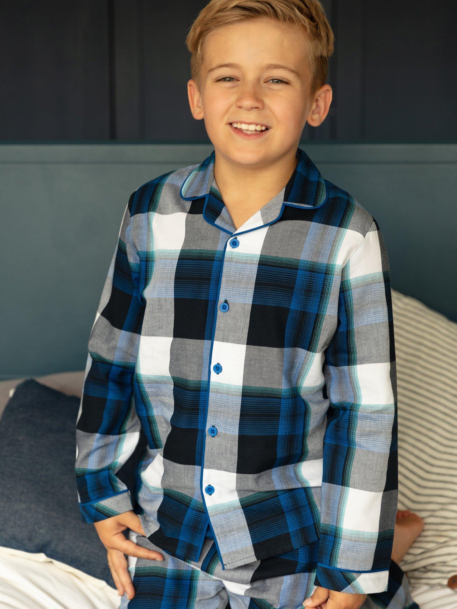Product image 1 of 4, which shows Minijammies Kids' Aldrin Check Long Sleeve Pyjama Set, Navy/Multi, 2-3 years