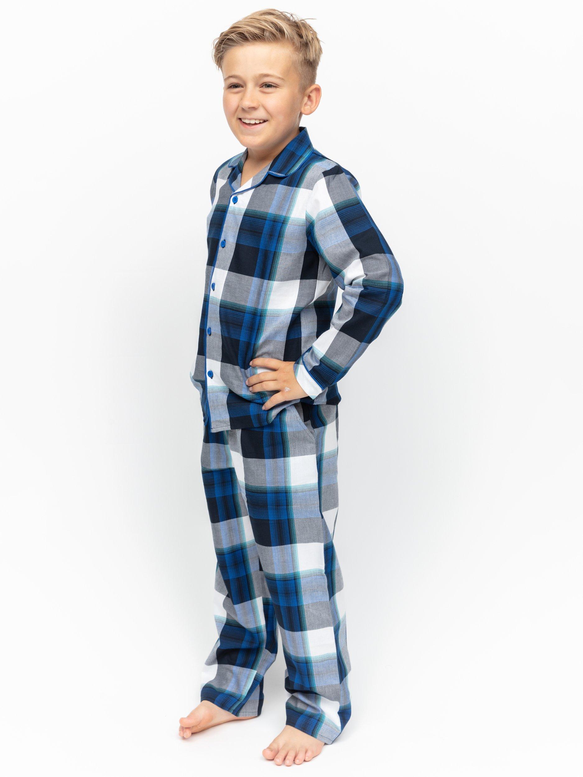 Product image 2 of 4, which shows Minijammies Kids' Aldrin Check Long Sleeve Pyjama Set, Navy/Multi, 2-3 years