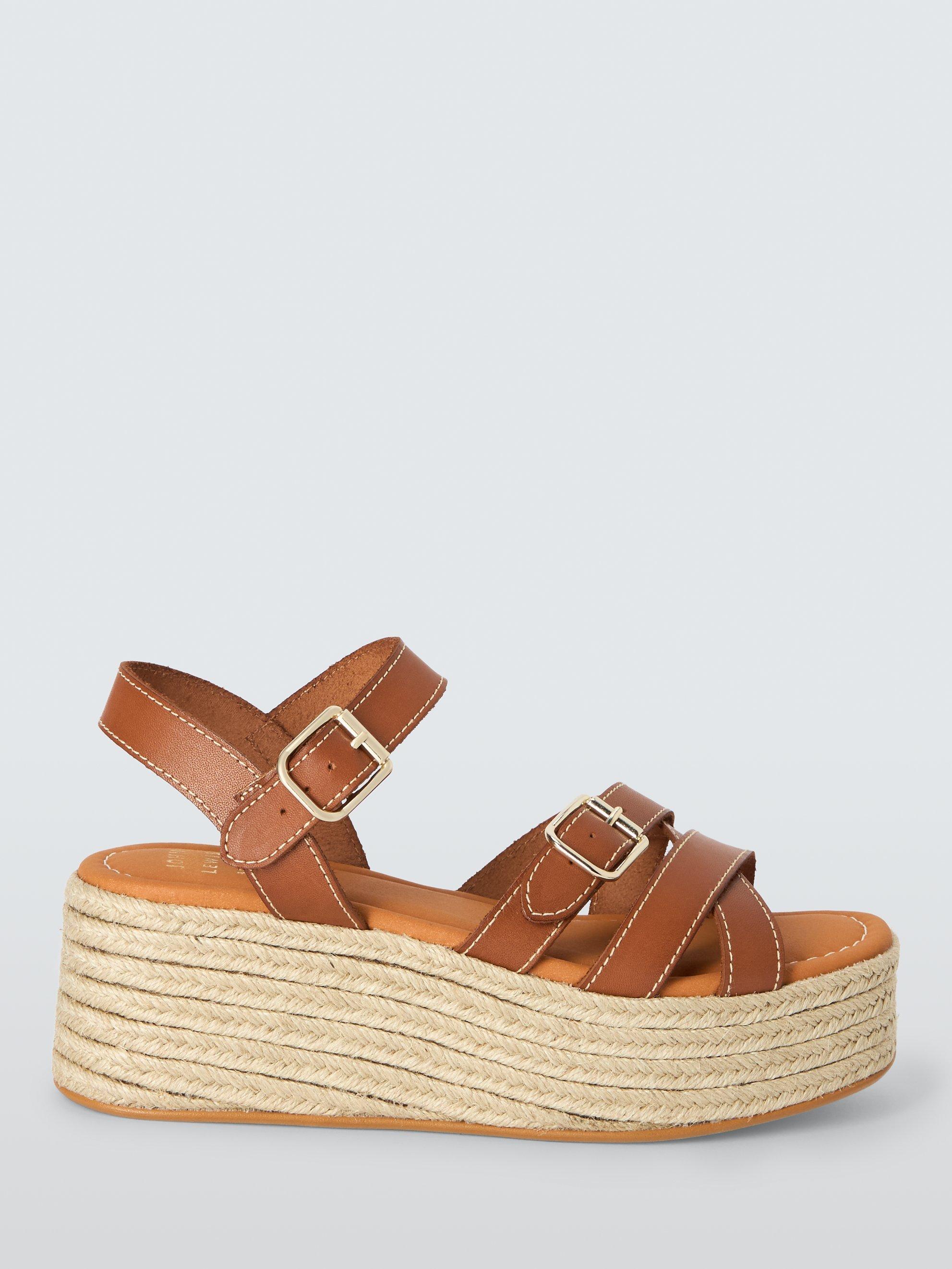 John Lewis Kassie Leather Buckle Flatform Wedge Espadrilles, Tan