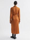 Reiss Arabella Satin Shirt Style Midi Dress, Rust