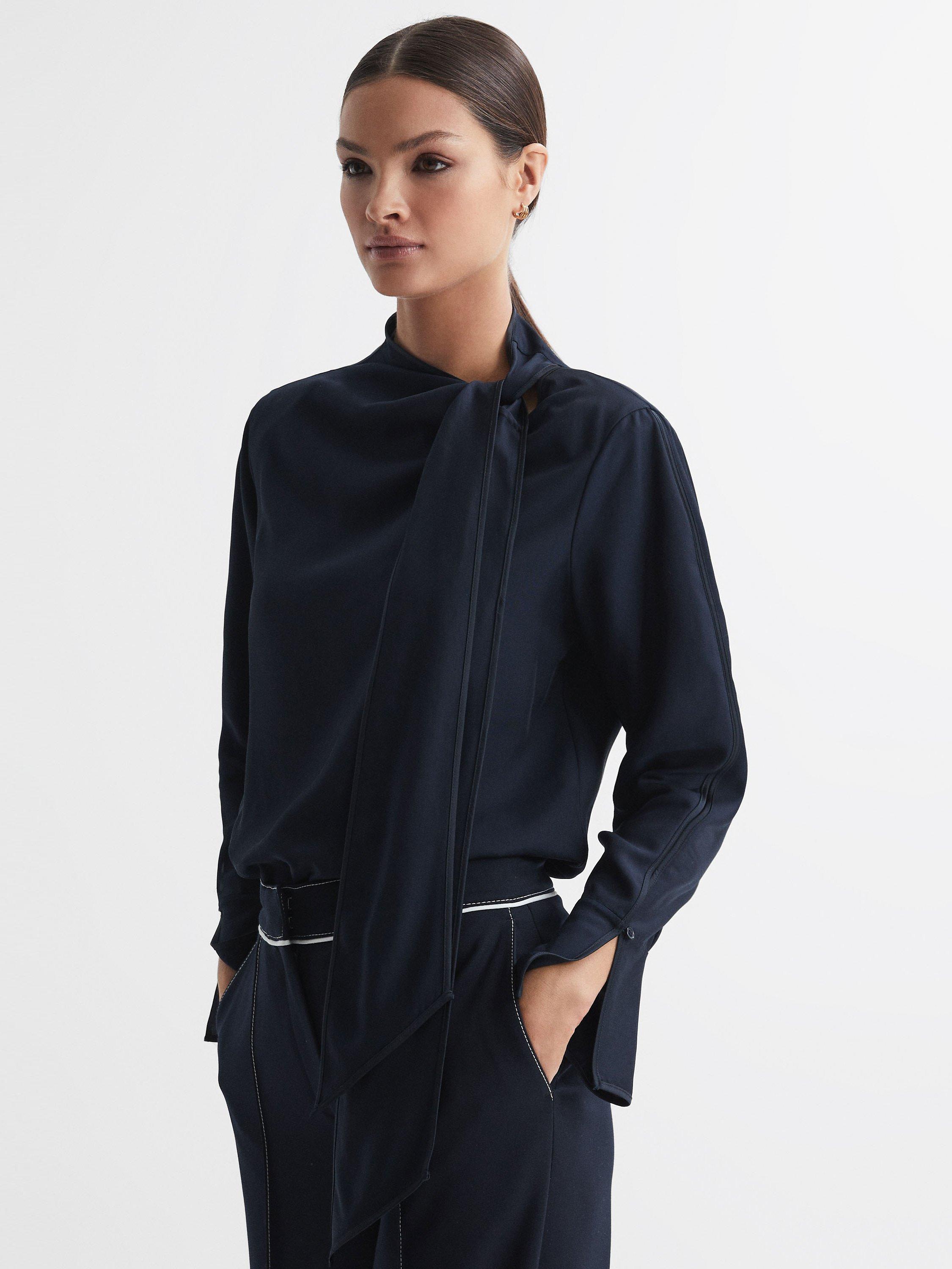 Reiss Hazel Tie Neck Blouse, Navy