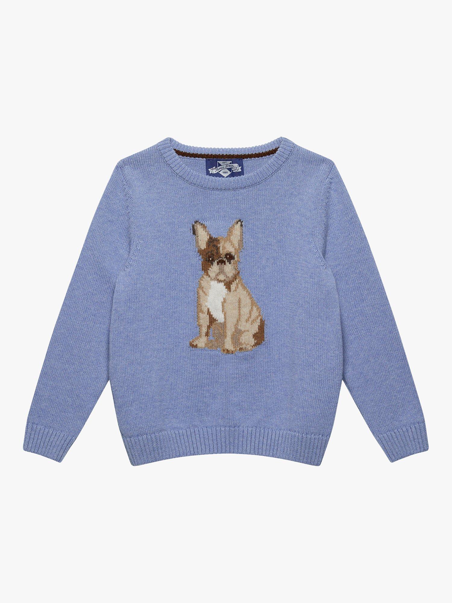 Trotters Kids' Bruce Bulldog Intarsia Jumper, Pale Blue Marl/Multi