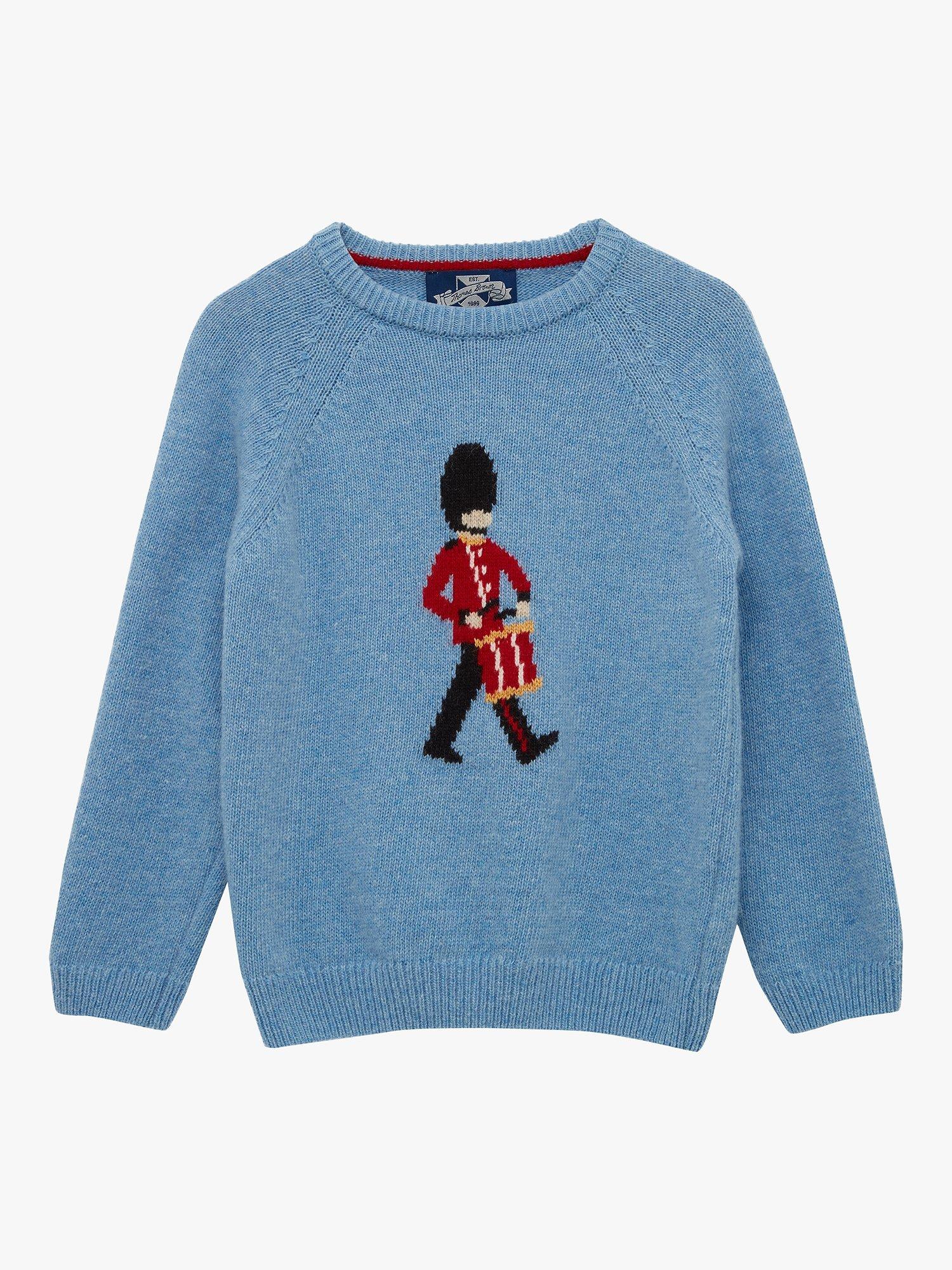 Product image 1 of 3, which shows Trotters Kids' Wool Blend Drumming Guardsman Jumper, Blue Marl, 6-7 years