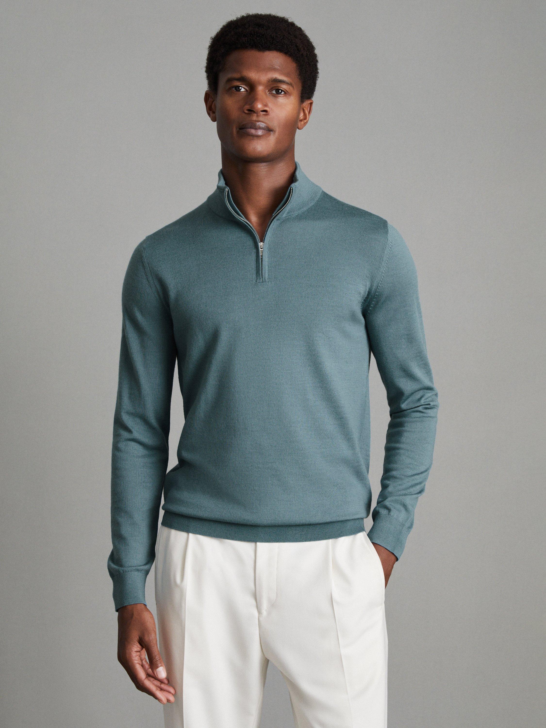 Reiss Blackhall Long Sleeve Merino Funnel Zip Jumper, Ocean Green