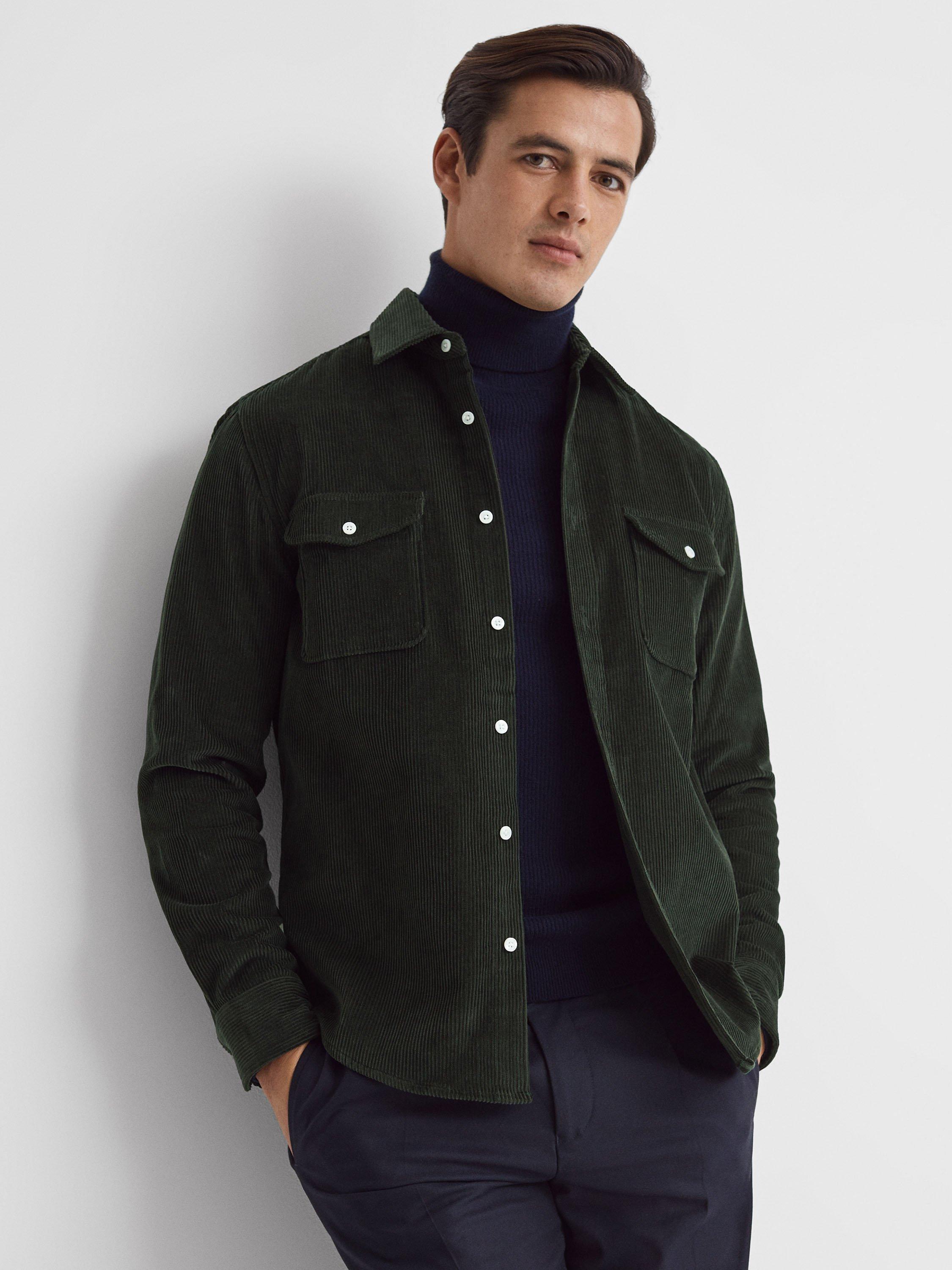 Reiss Bonucci Long Sleeve Corduroy Twin Pocket Shirt, Emerald