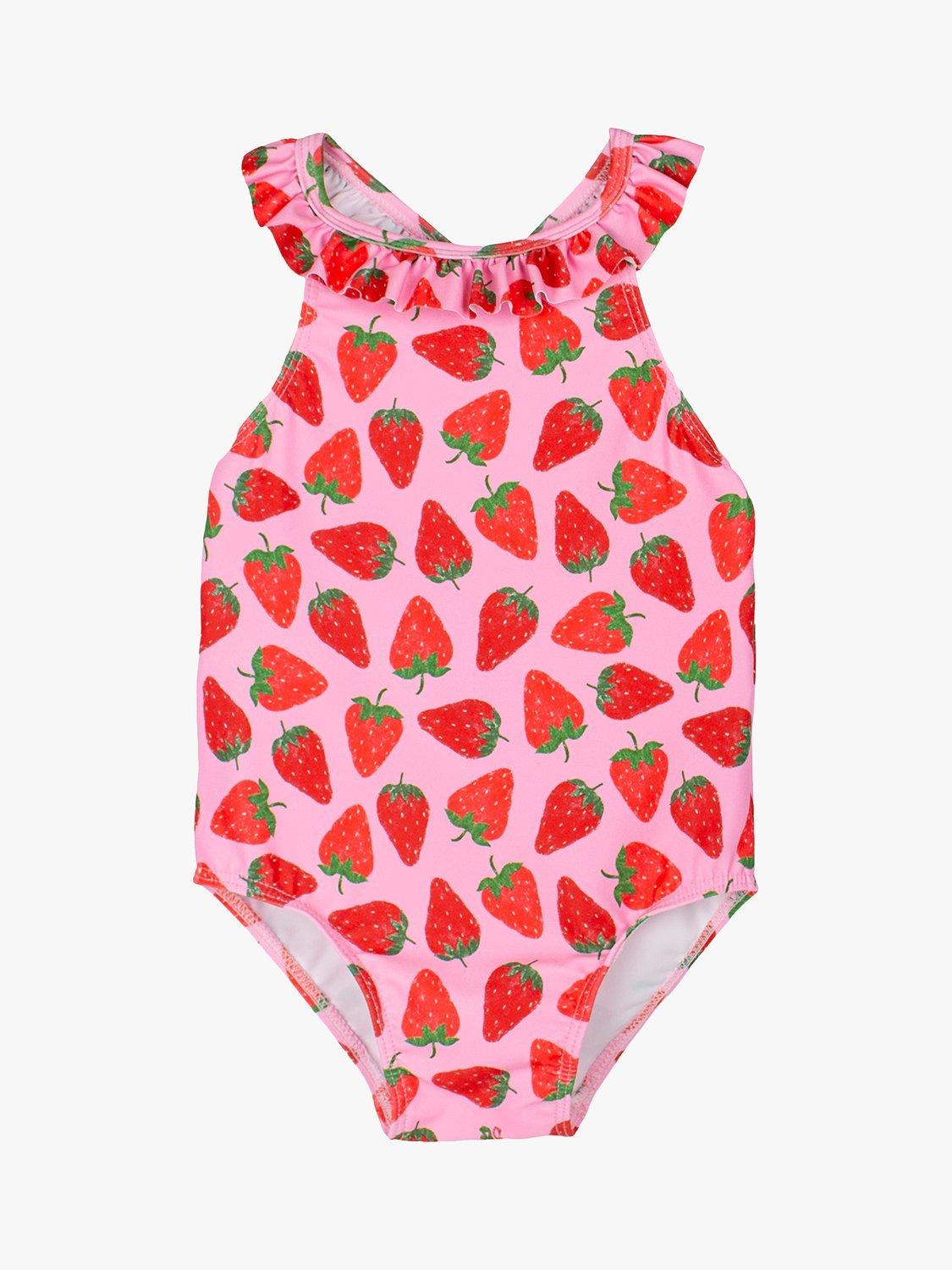 Product image 1 of 3, which shows Trotters Baby Strawberry Print Frill Swimsuit, Pink/Strawberry, 3-6 months