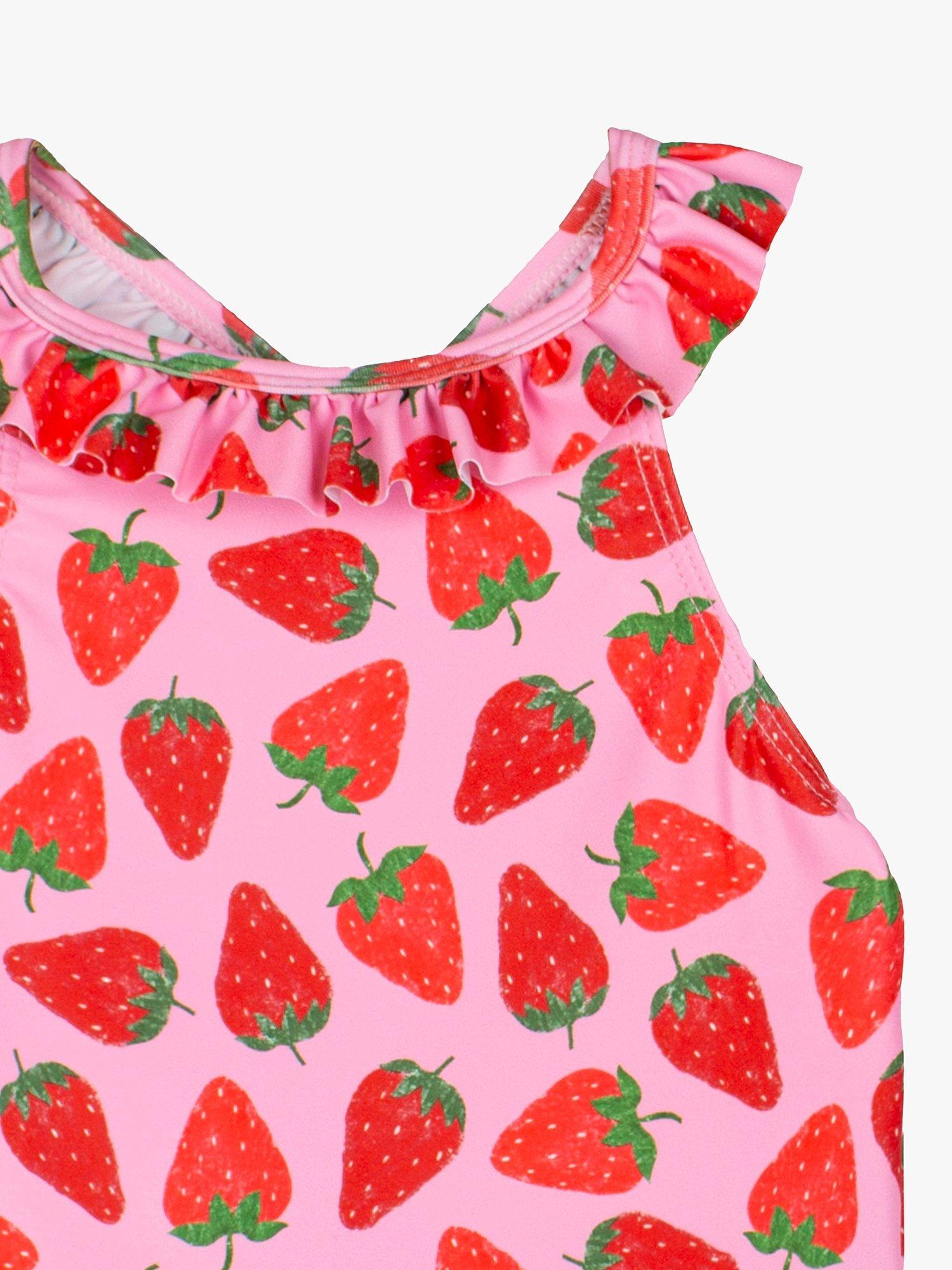 Product image 3 of 3, which shows Trotters Baby Strawberry Print Frill Swimsuit, Pink/Strawberry, 3-6 months