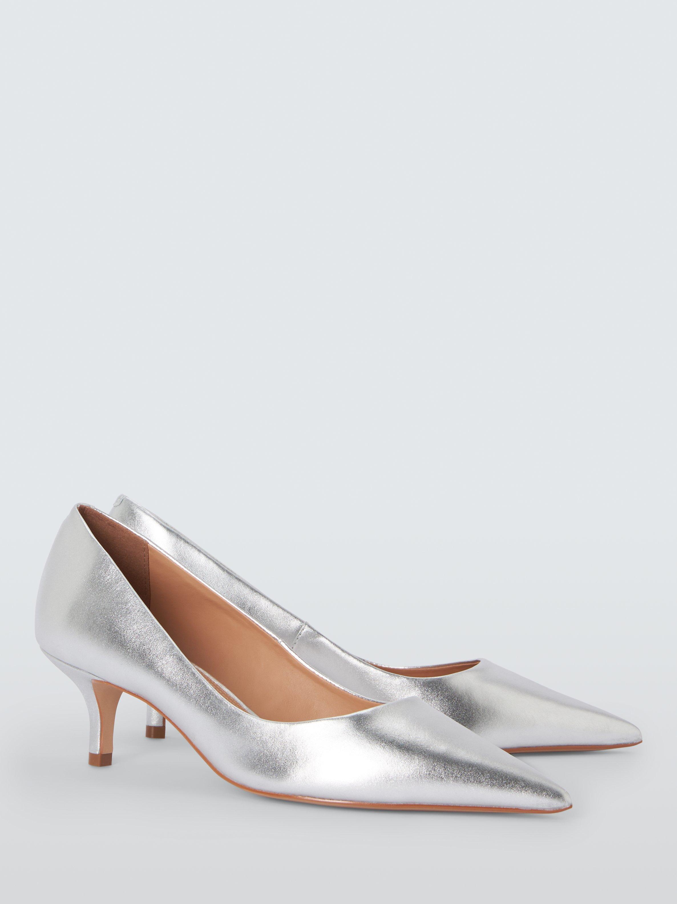 Product image 3 of 6, which shows John Lewis Alabama Leather Kitten Heel Pointed Court Shoes, Silver, 8
