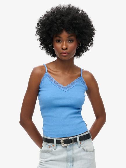 Superdry Organic Cotton Essential Rib Lace Cami, Blue Marl