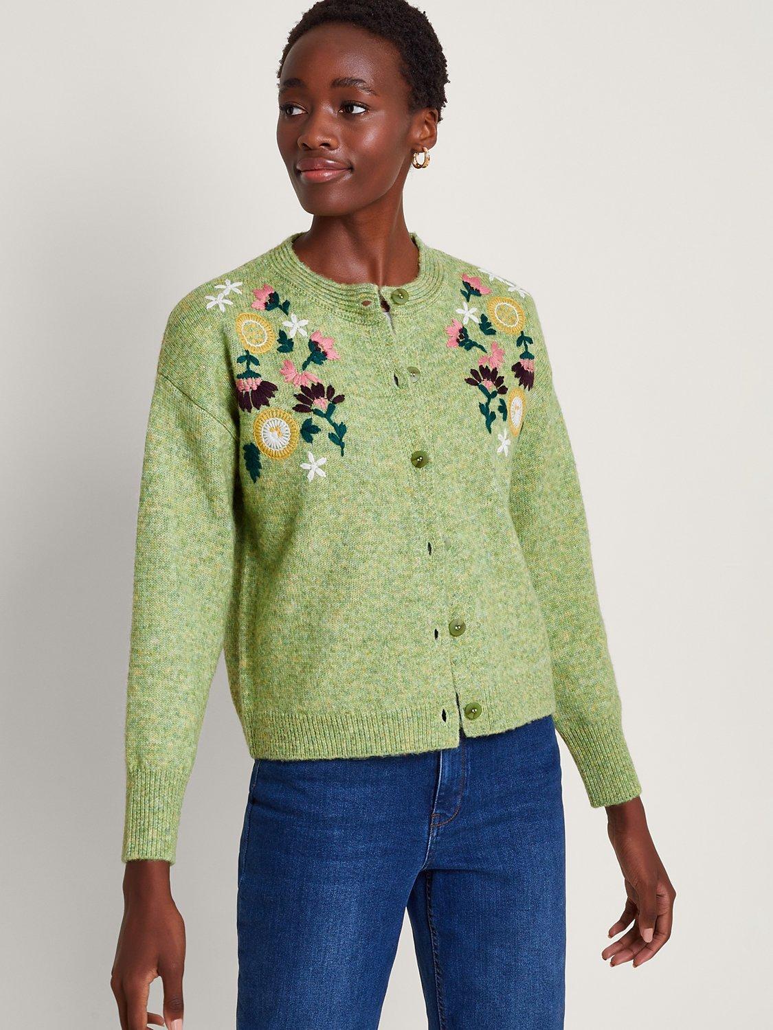 Monsoon Fay Floral Embroidered Cardigan, Green