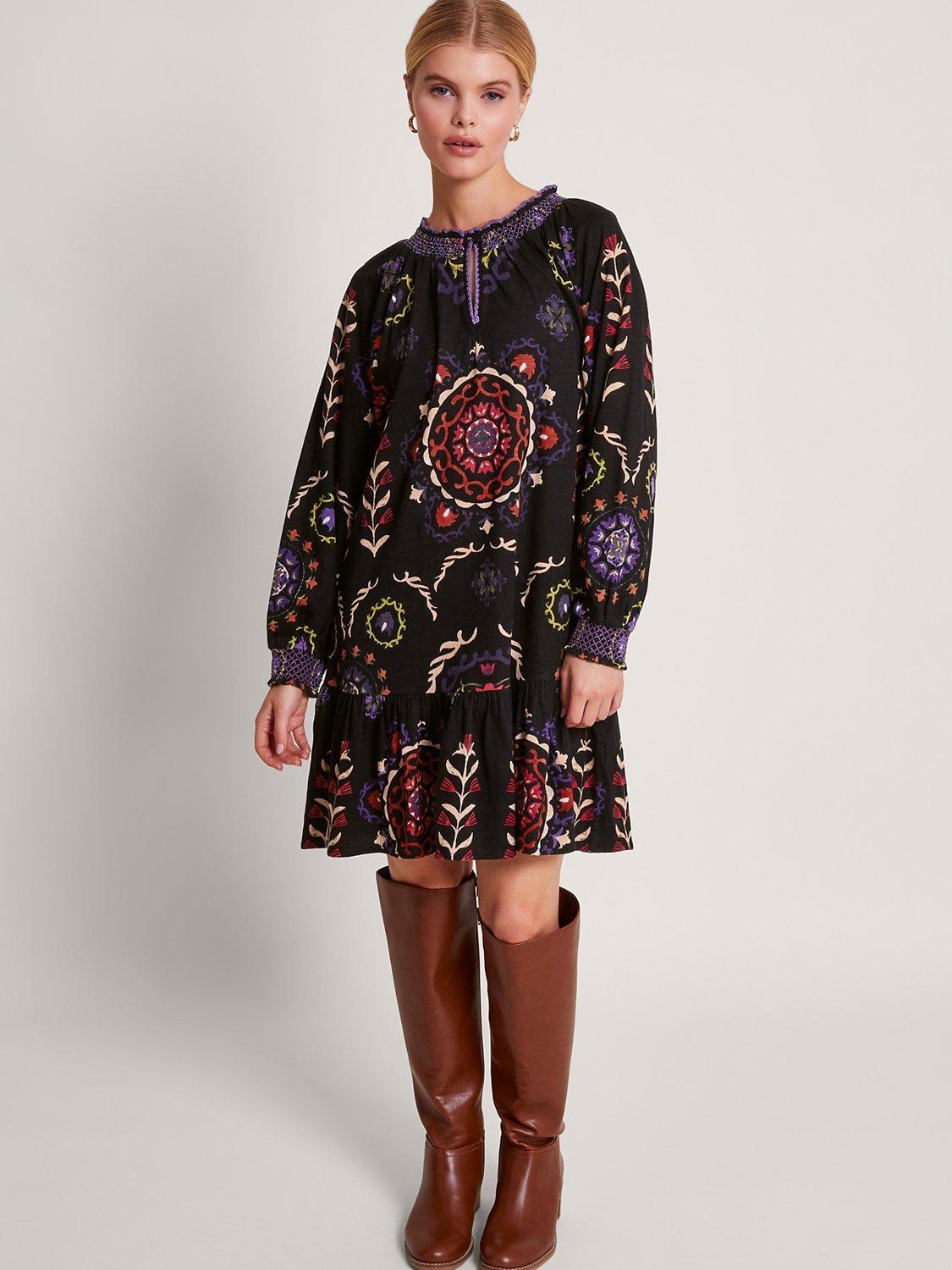 Monsoon Xoey Print Tiered Dress, Black