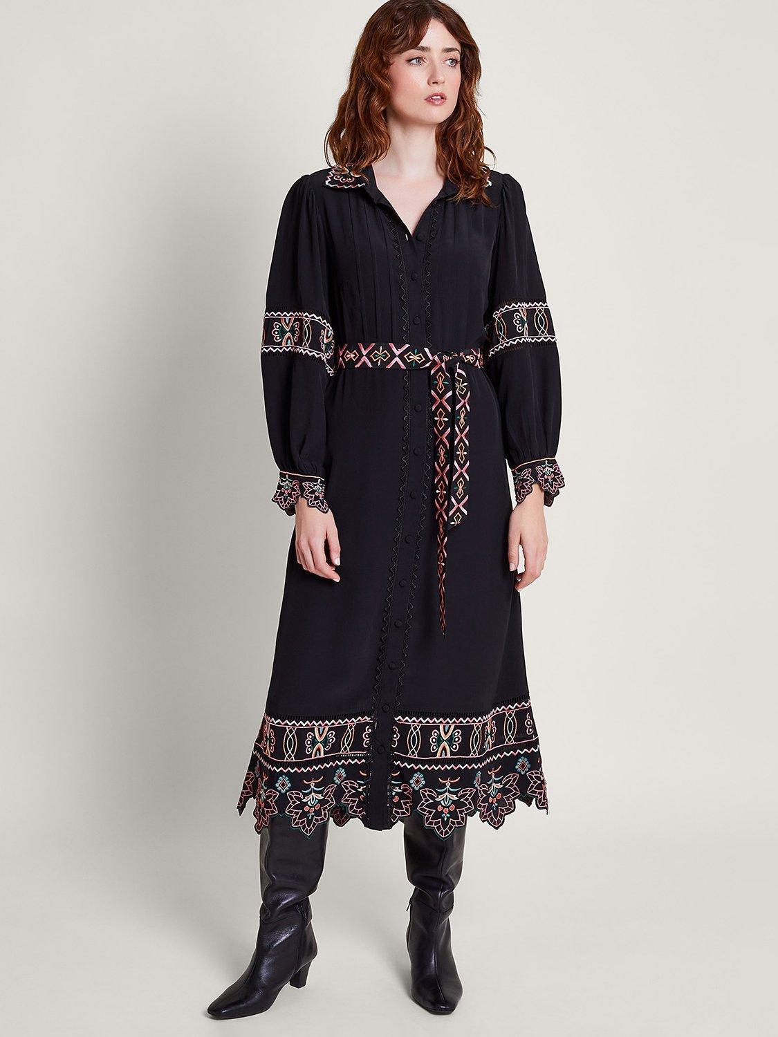 Monsoon Fifi Embroidered Shirt Dress, Black