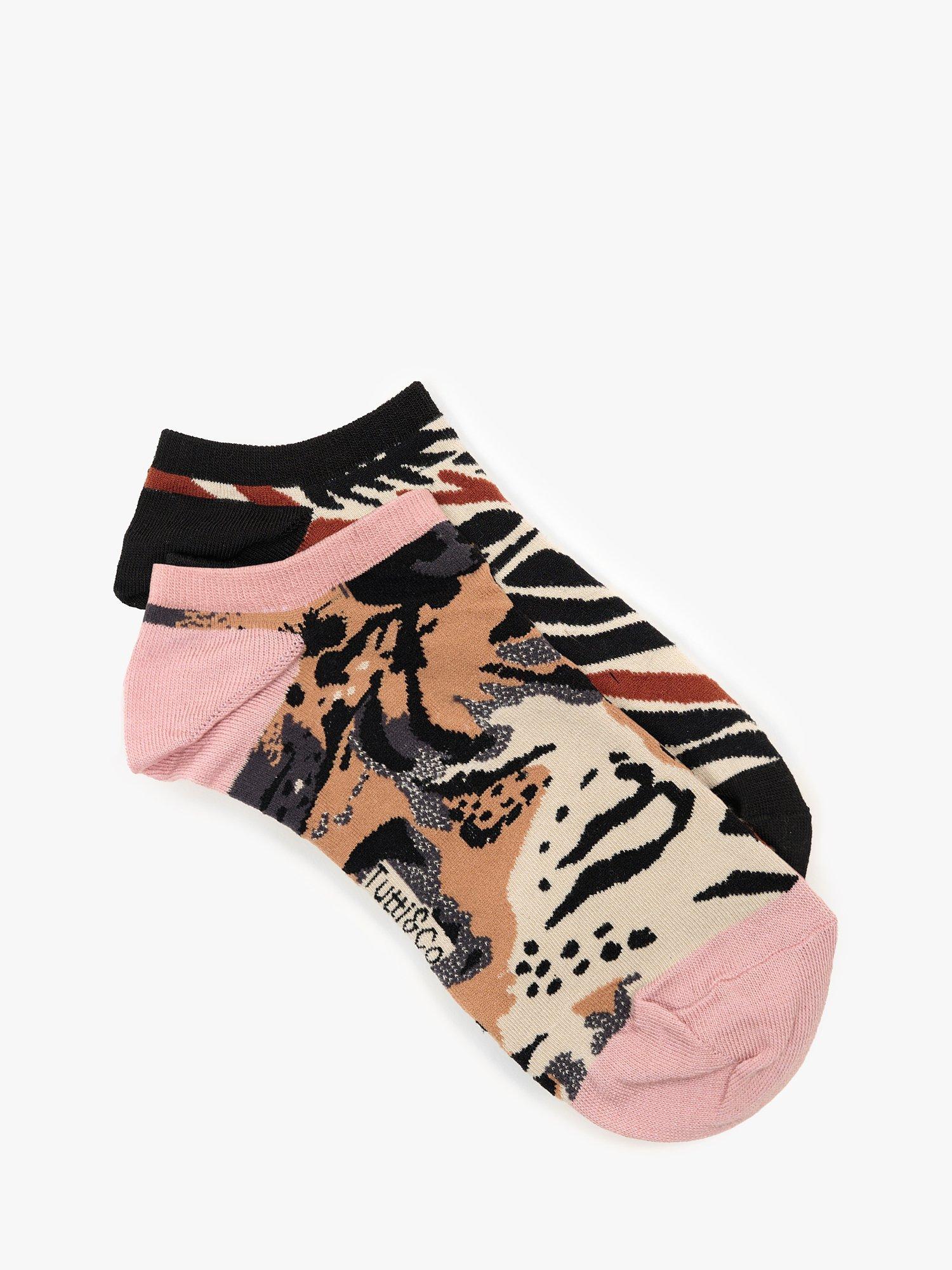 Tutti & Co Animal Stripe Bamboo Blend Trainer Socks, Pack of 2, Black/Multi