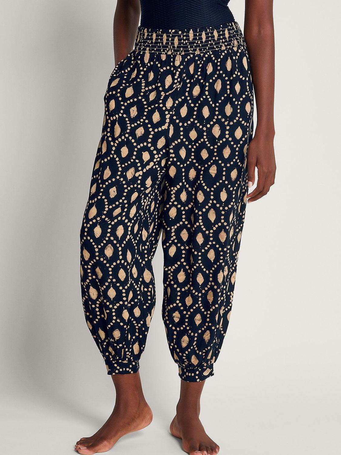 Monsoon Rhea Batik Print Cuffed Hem Trousers, Black/Beige