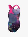 Speedo Kids' Space Celestial Print Splashback Swimsuit, Black/Multi