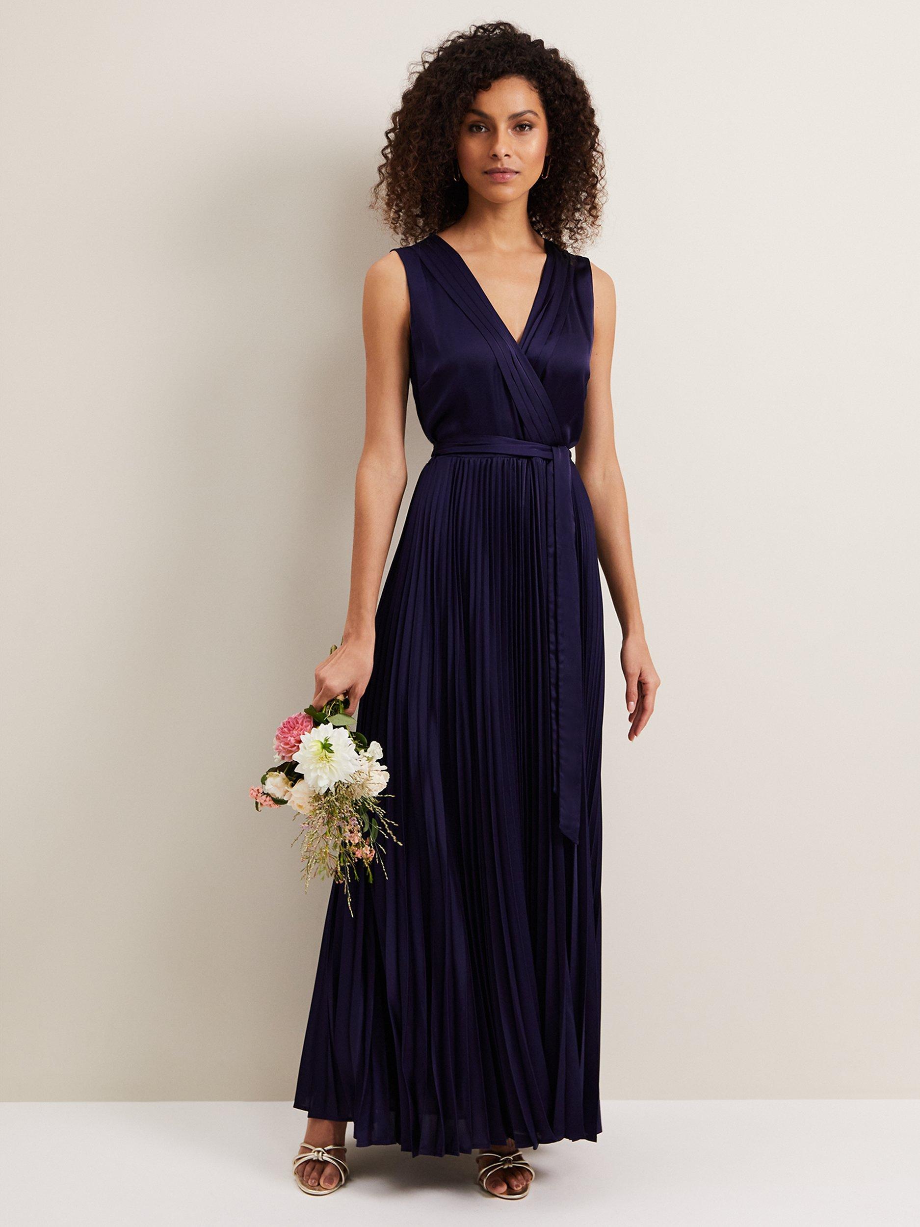 Phase Eight Bonnie Pleated Wrap Satin Maxi Dress Navy