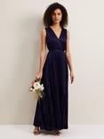Phase Eight Bonnie Pleated Wrap Satin Maxi Dress, Navy