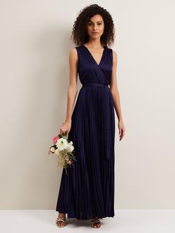 Phase Eight Bonnie Pleated Wrap Satin Maxi Dress, Navy, Navy