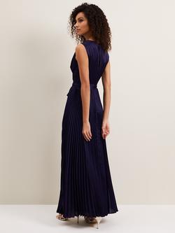 Phase Eight Bonnie Pleated Wrap Satin Maxi Dress, Navy - view 2, Navy