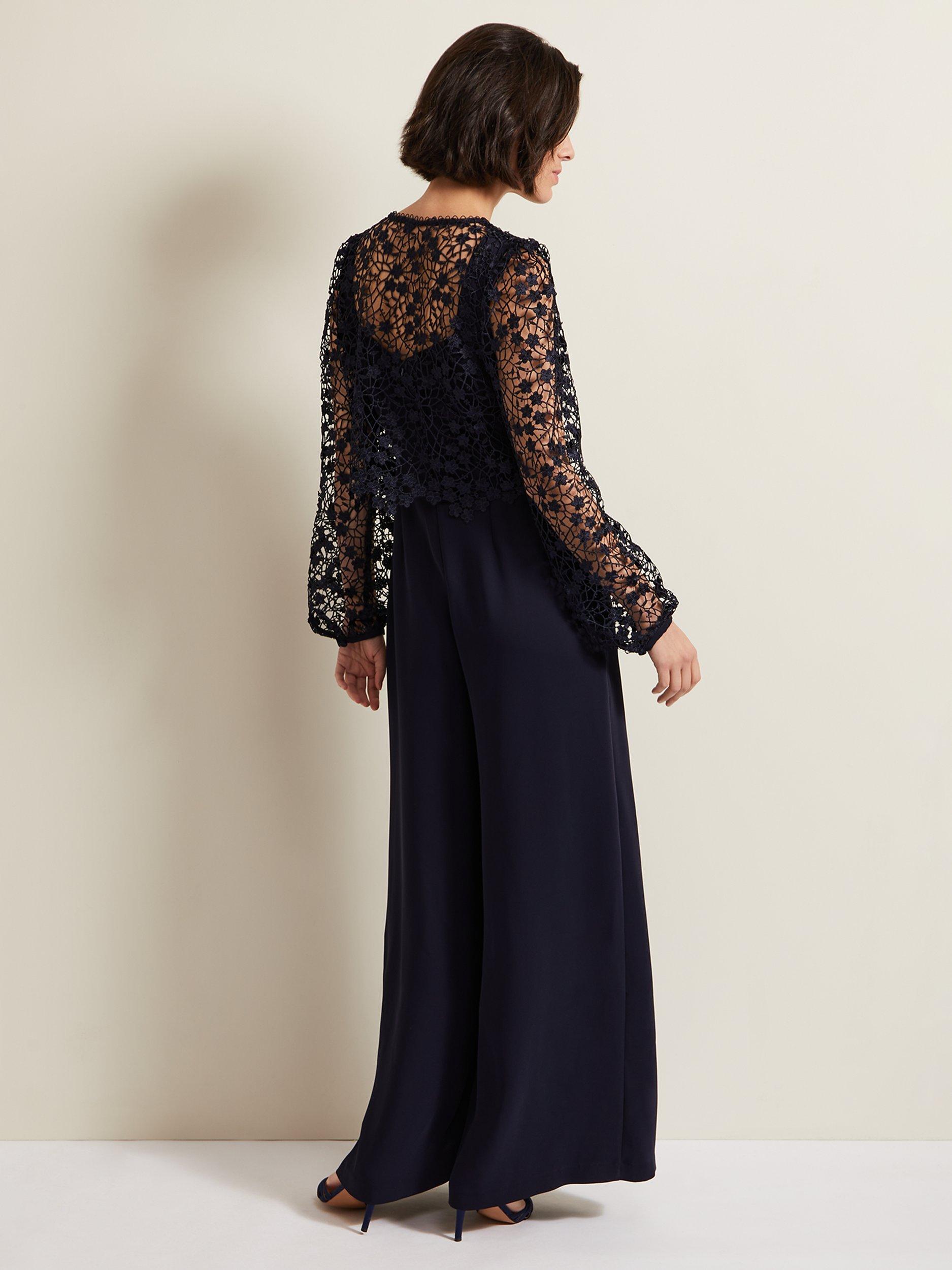 Phase Eight Mariposa Lace Overlay Jumpsuit, Navy, 6