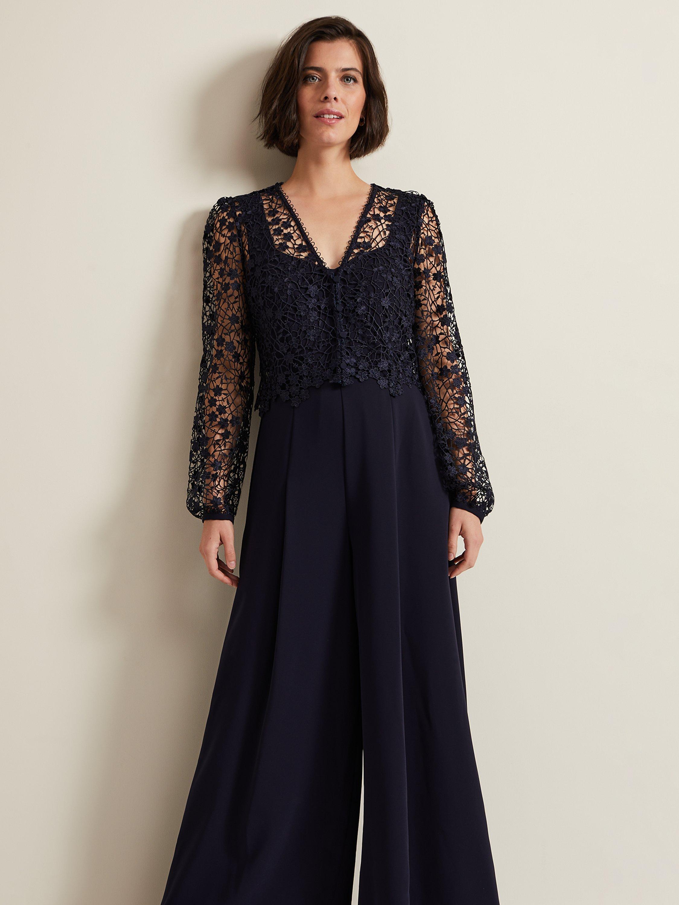 Phase Eight Mariposa Lace Overlay Jumpsuit, Navy, 6