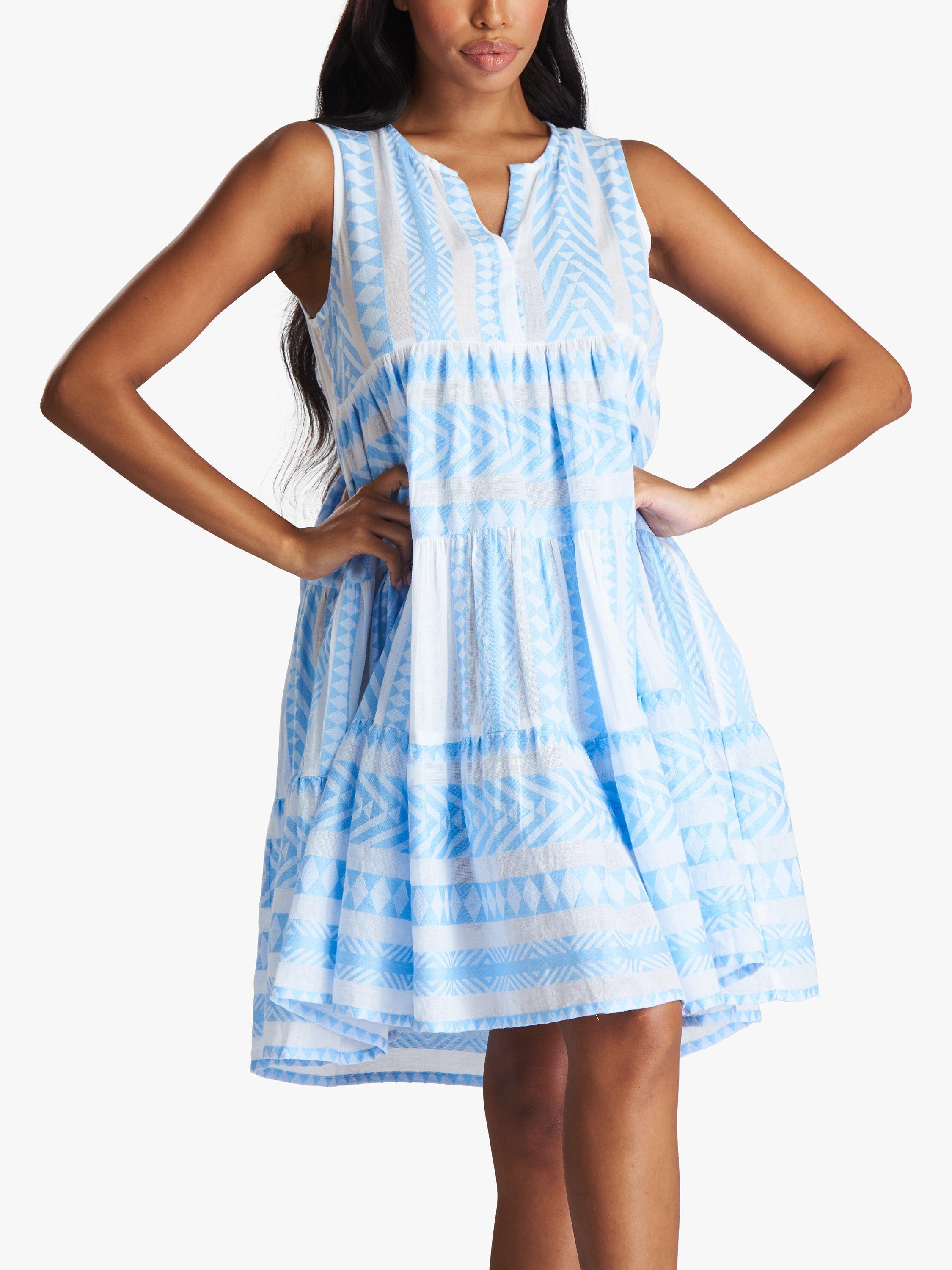 South Beach Jacquard Sleeveless Tiered Mini Dress, Blue Sky/White, 8