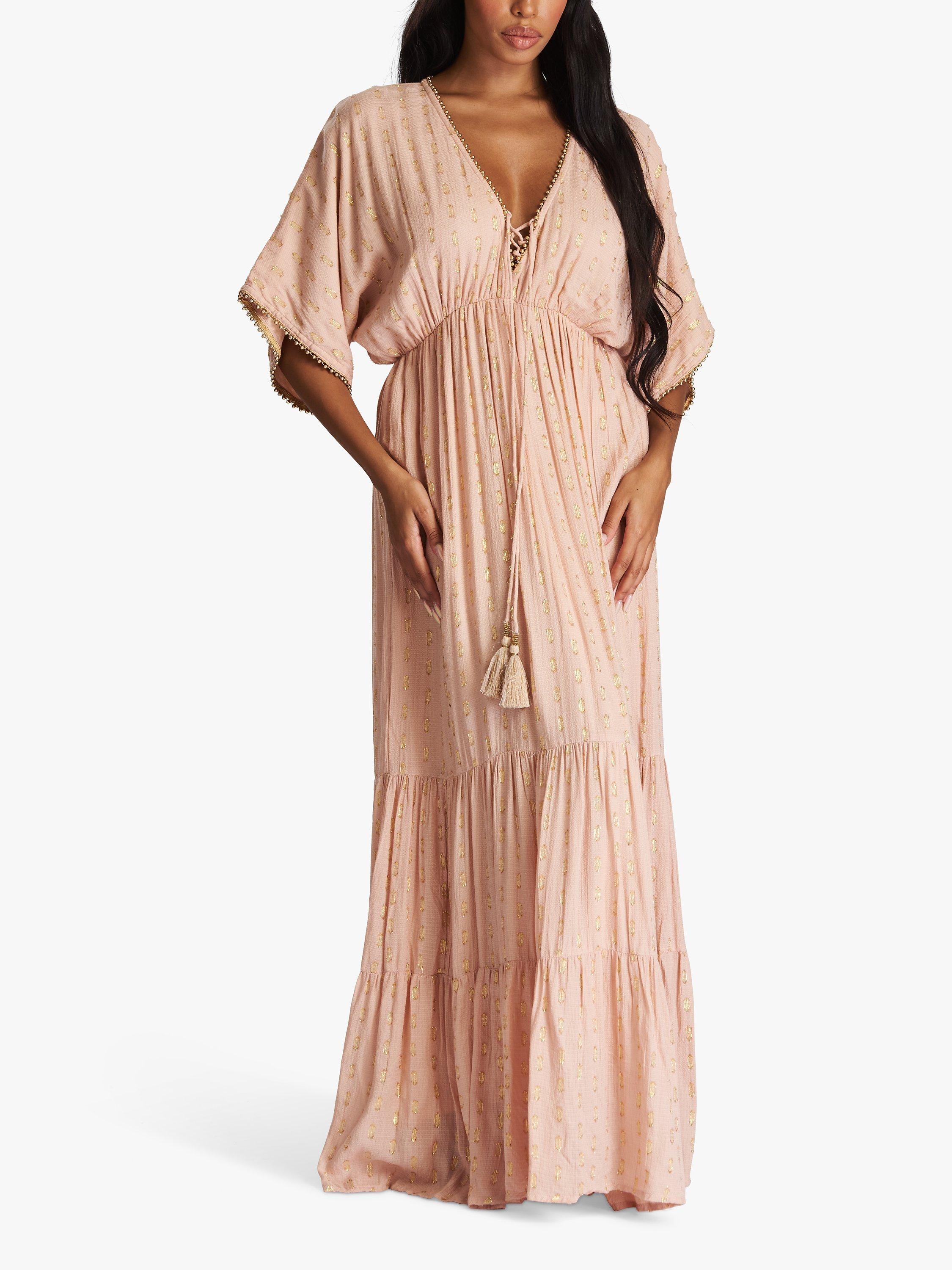 Product image 4 of 6, which shows South Beach Metallic Jacquard Spot Tiered Maxi Dress, Nude, 8
