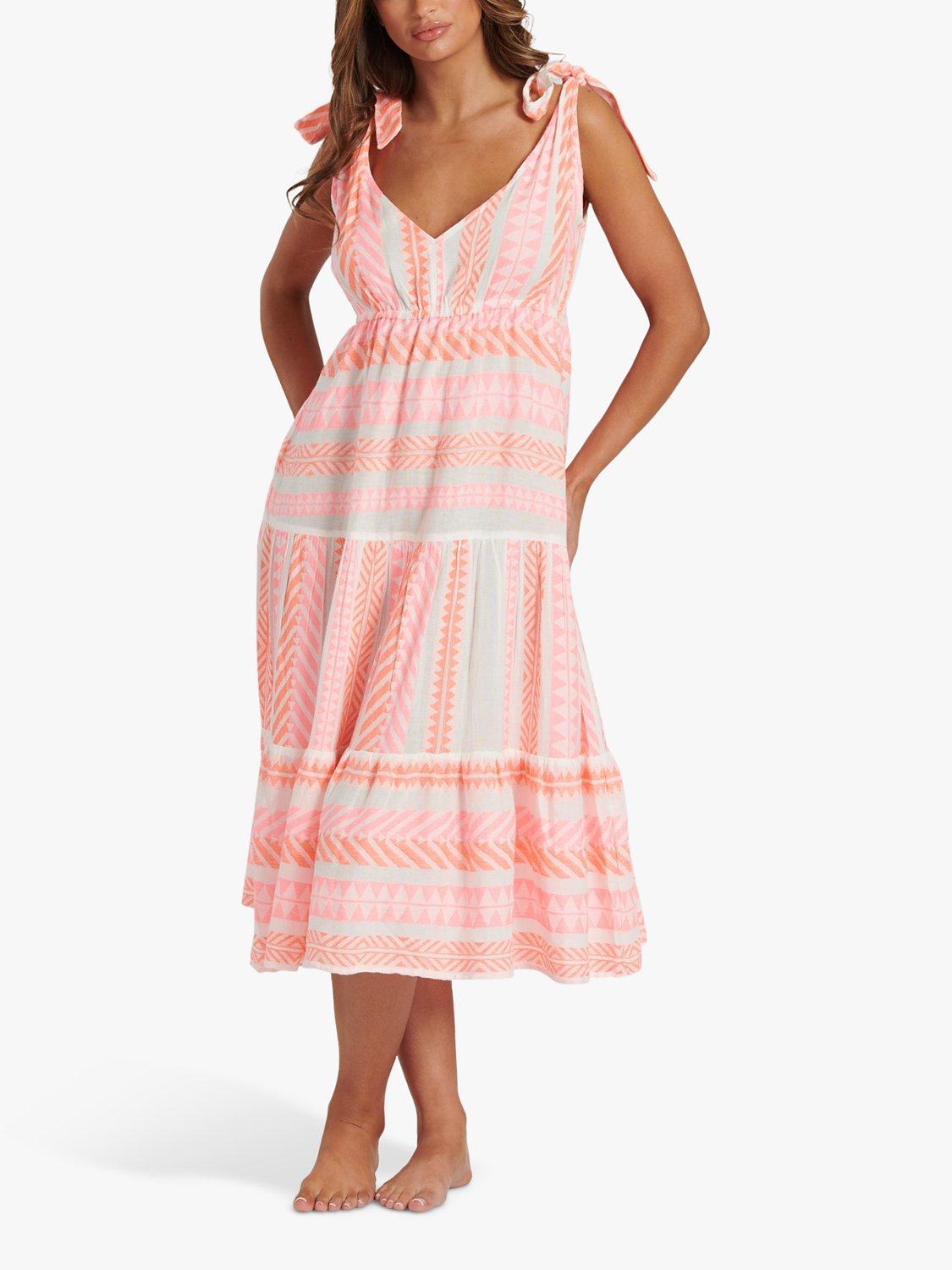 Product image 5 of 7, which shows South Beach Jacquard Tie Shoulder Midi Dress, Pink/White, 8