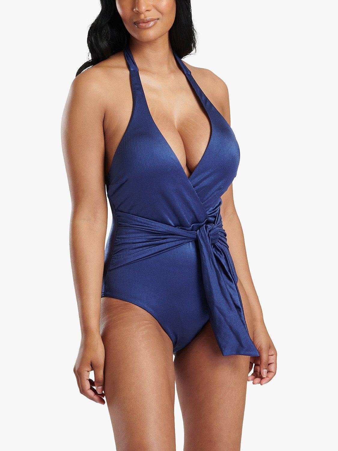 Product image 3 of 5, which shows South Beach Textured Tie Wrap Around Swimsuit, Navy, 8