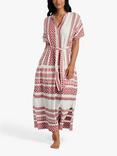 South Beach Jacquard Tie Waist Maxi Dress, Red Wine/White, Red Wine/White