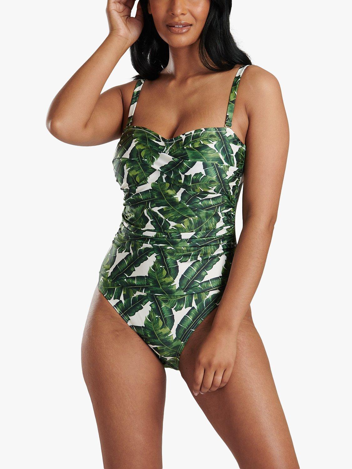 Product image 1 of 8, which shows South Beach Leaf Print Twist Top Swimsuit, Green/Multi, 14