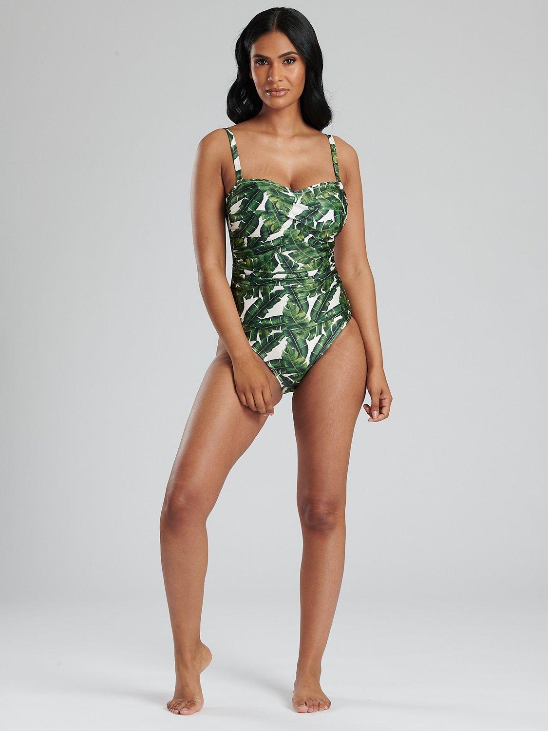 Product image 6 of 8, which shows South Beach Leaf Print Twist Top Swimsuit, Green/Multi, 14