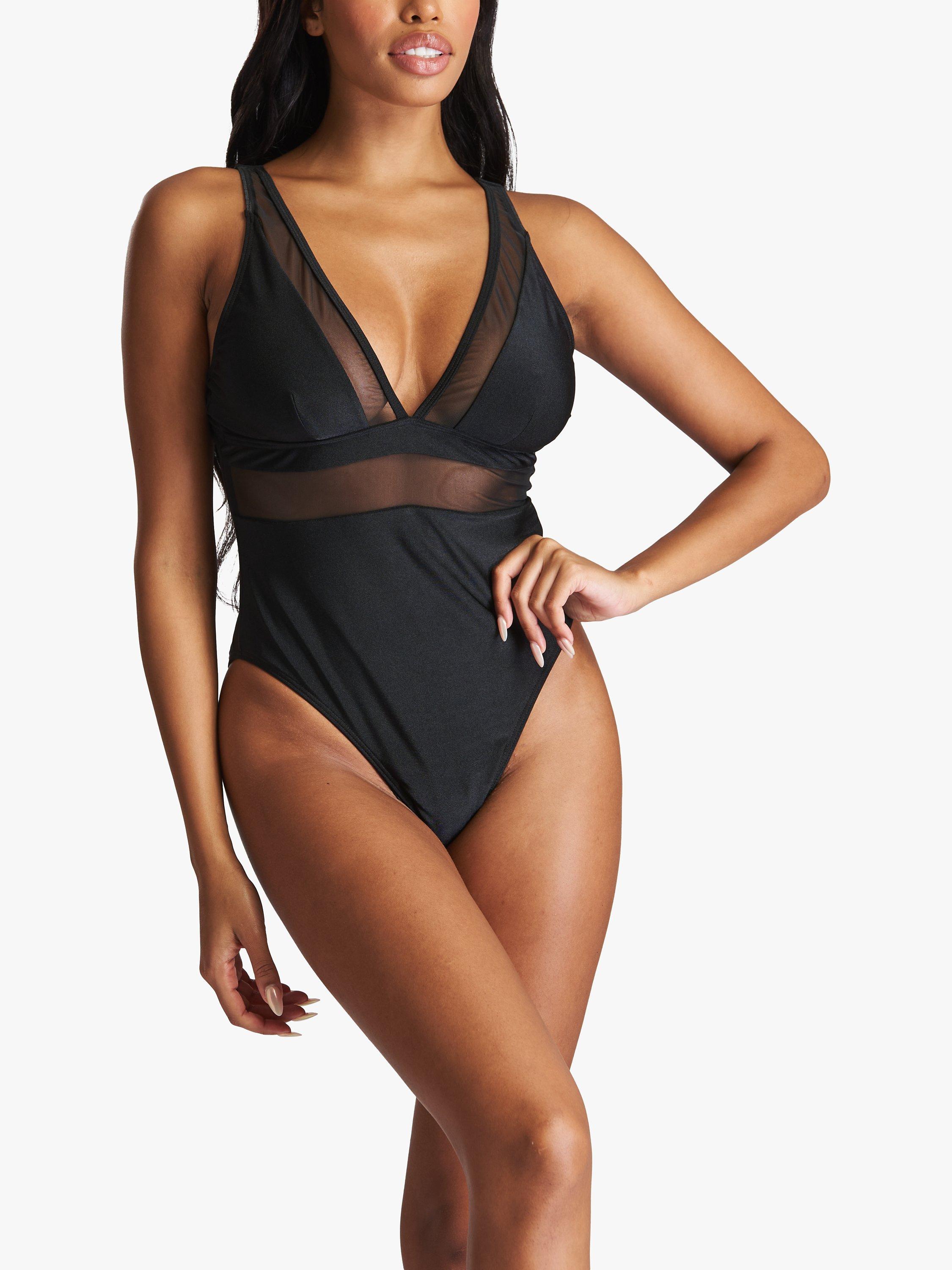 South Beach Mesh Panel Plunge Swimsuit Black