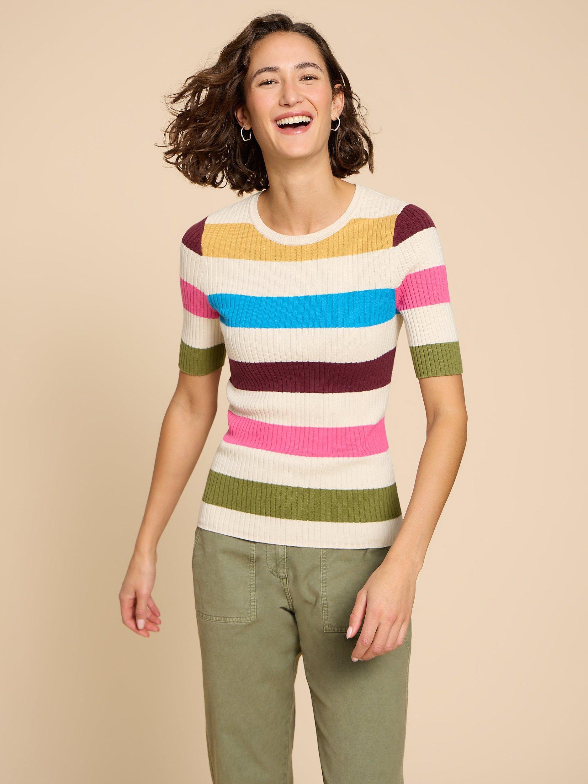 White Stuff Ivy Stripe Rib Knit Short Sleeve Jumper, Ivory/Multi