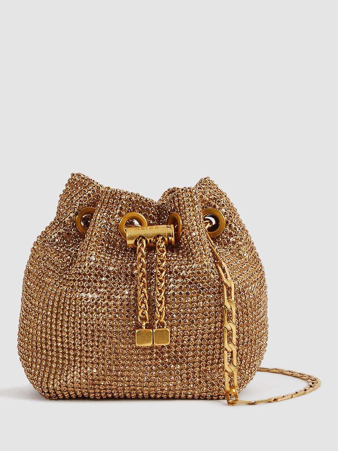 Reiss Demi Crystal Mini Bucket Bag, Gold, One Size