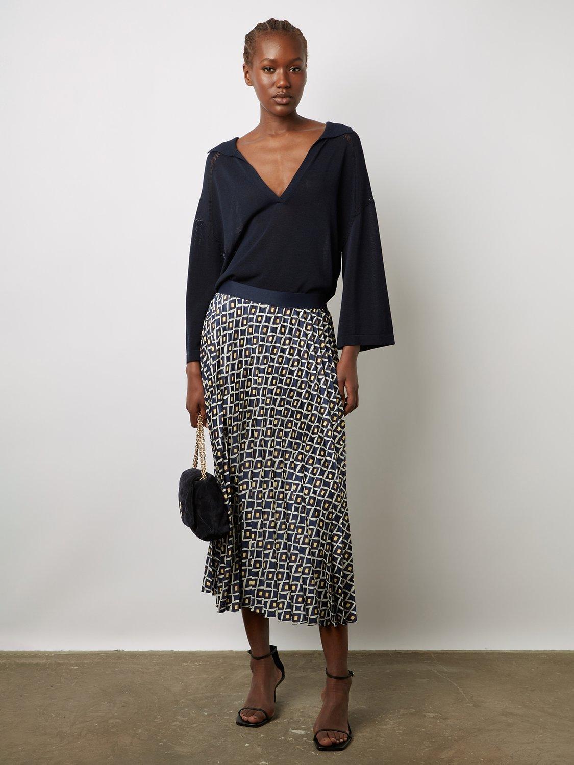 Gerard Darel Damille Pleated Midi Skirt Ink Multi
