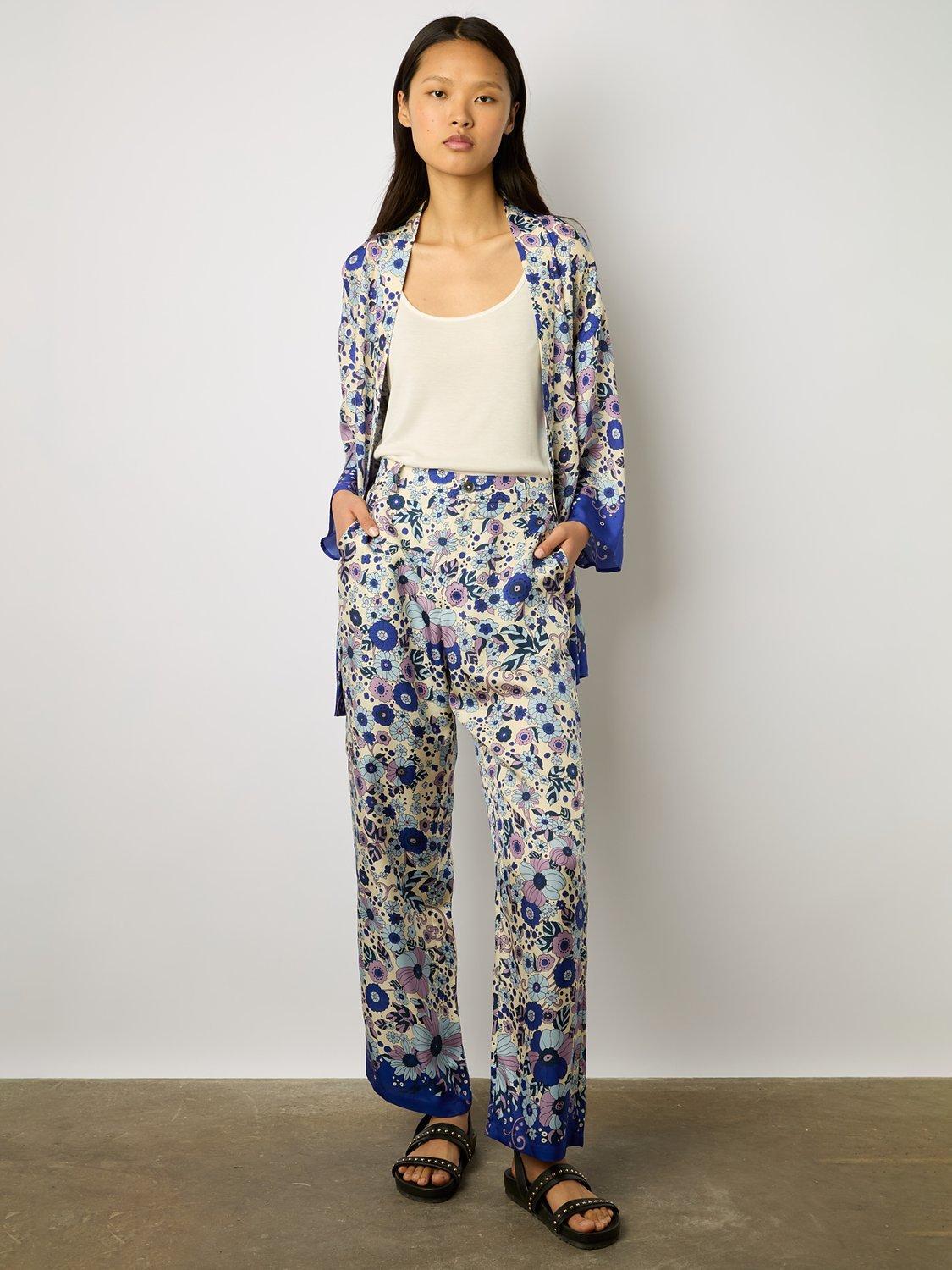 Gerard Darel Carmel Silk Blend Floral Print Wide Leg Trousers, Ecru/Multi