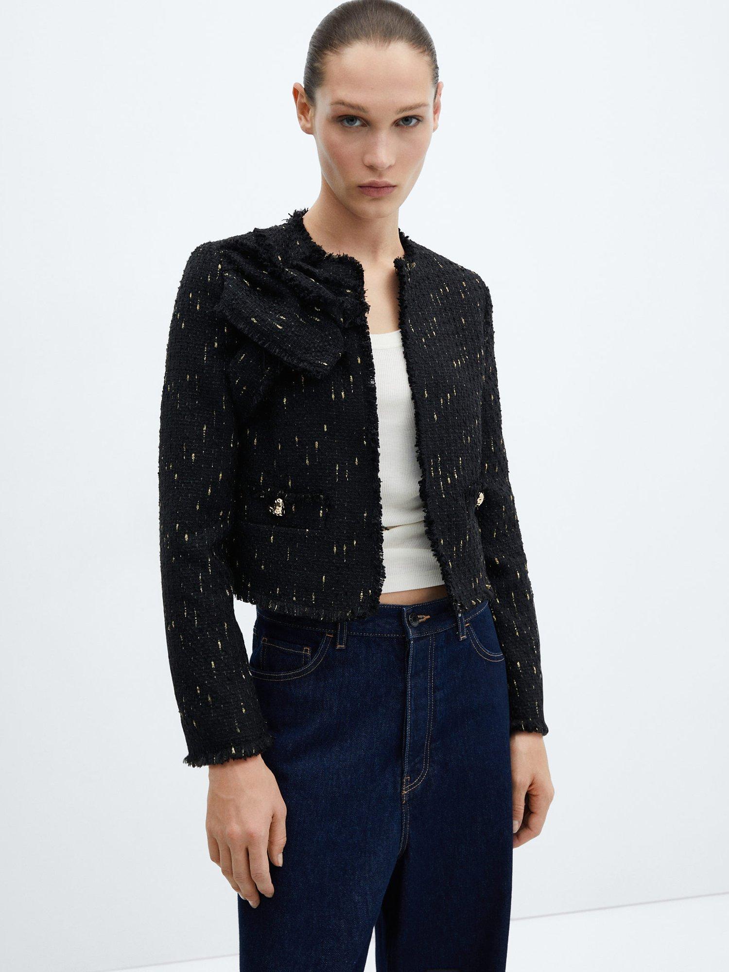 Mango Knotted Tweed Cropped Jacket Black