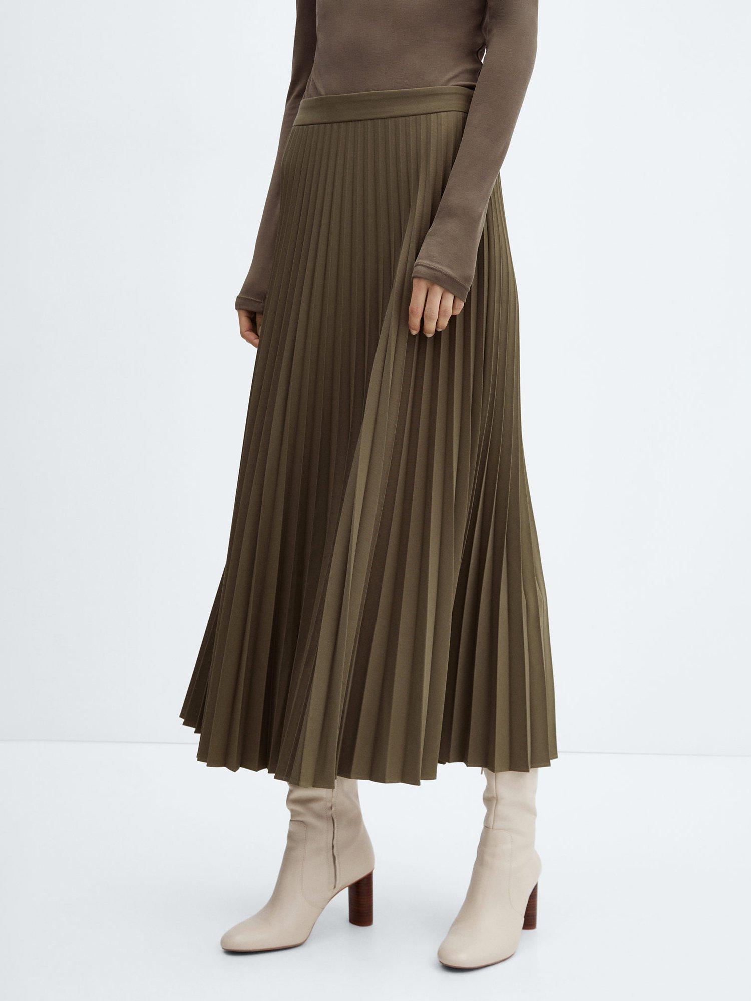 Mango Camila Pleated Midi Skirt Khaki