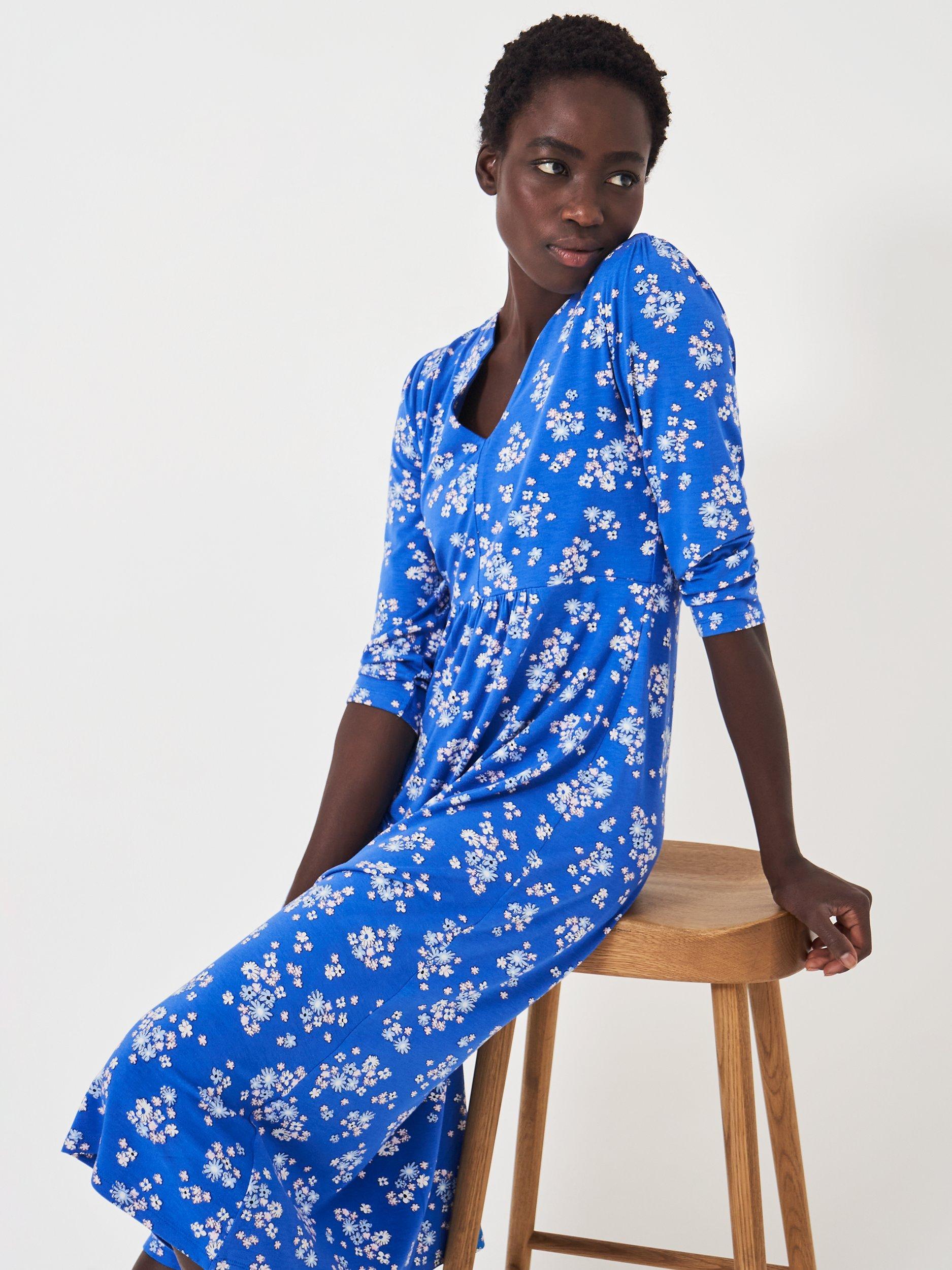 Crew Clothing Emi Floral Print Jersey Midi Dress, Blue/Multi