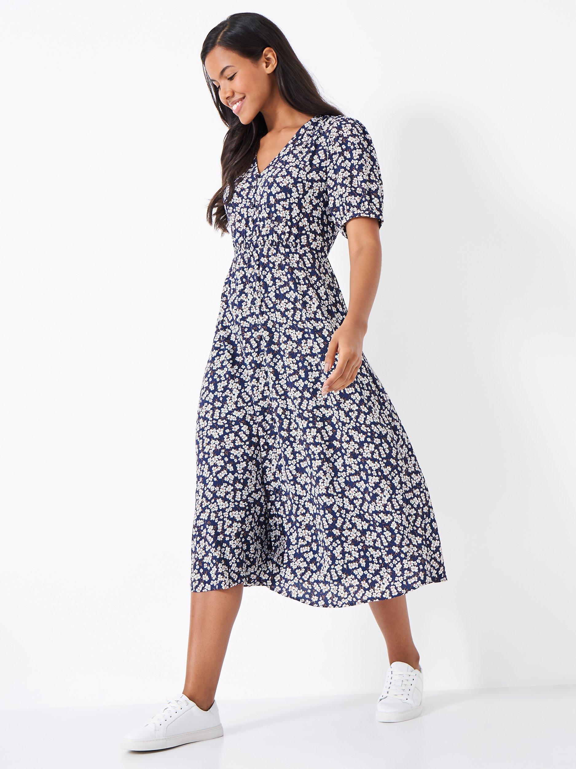 Crew Clothing Lola Floral Print Short Sleeve Dress, Navy/Multi