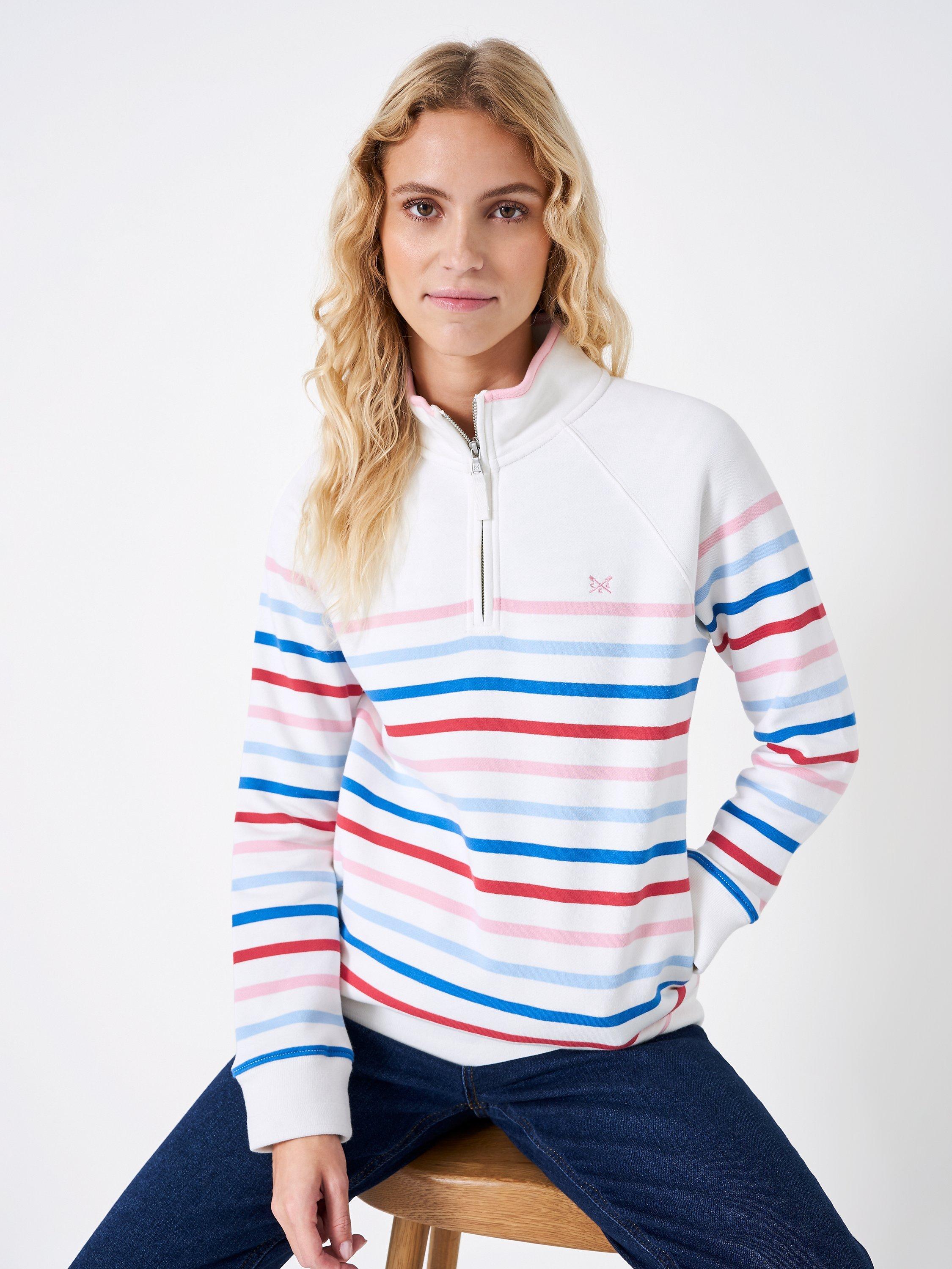 Crew Clothing Half Zip Striped Sweatshirt, White/Multi