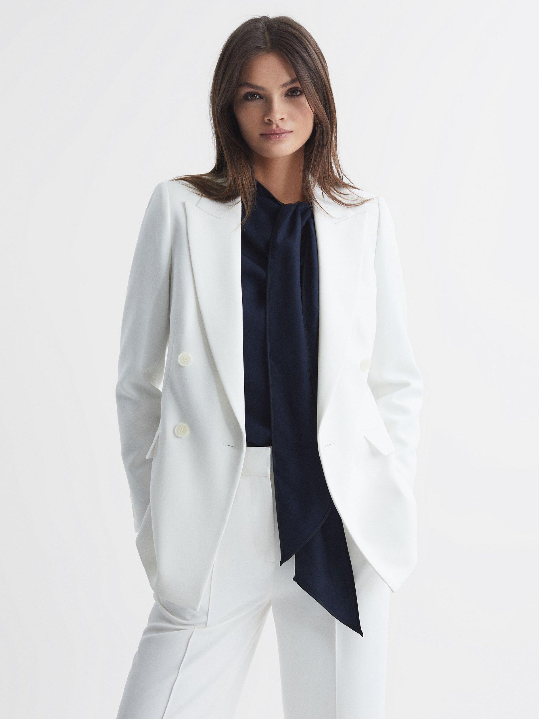 Reiss Petite Sienna Double Breasted Crepe Blazer, White, 6