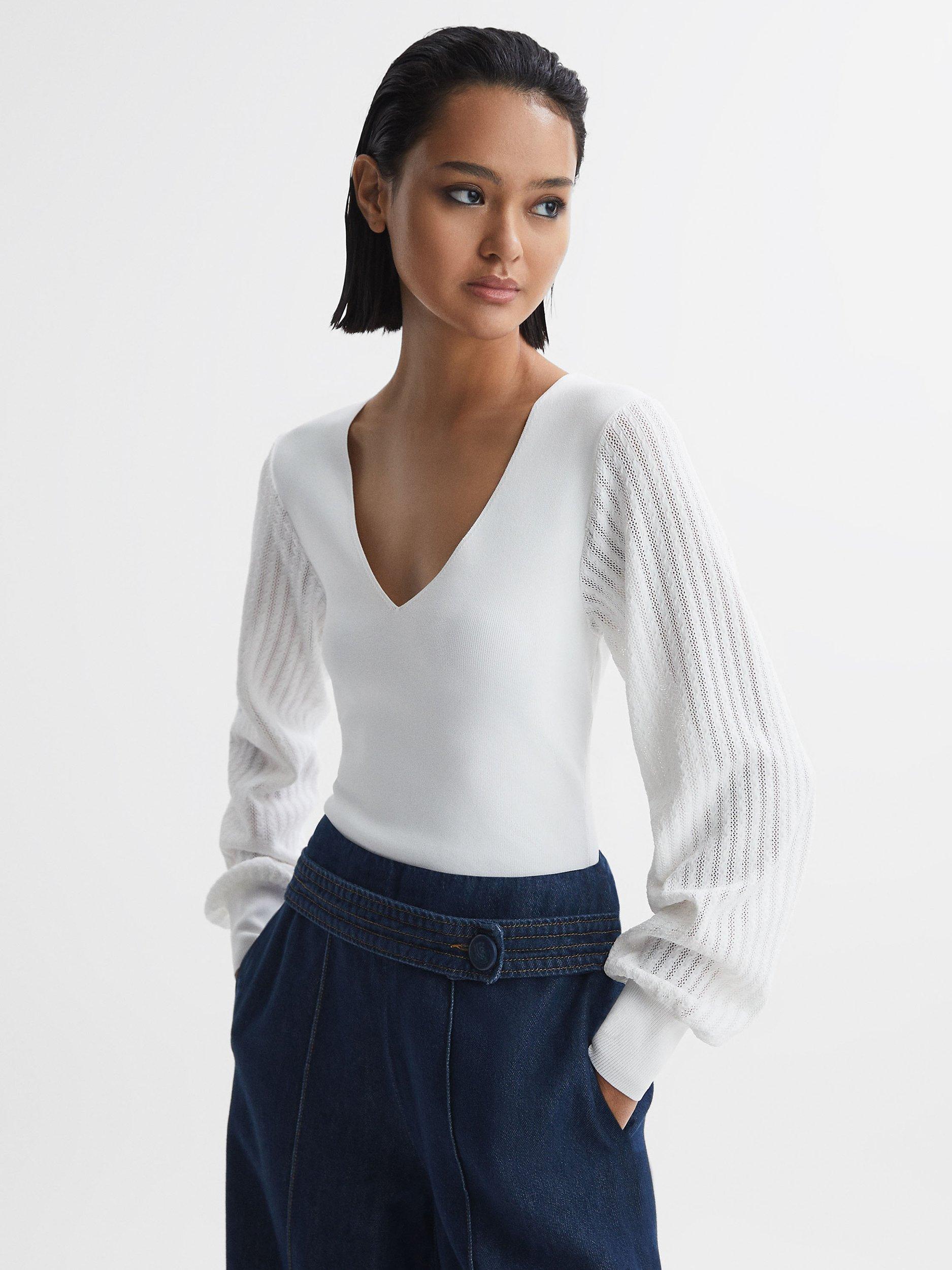 Reiss Lexi Stitch Sleeve Knitted Top, Ivory