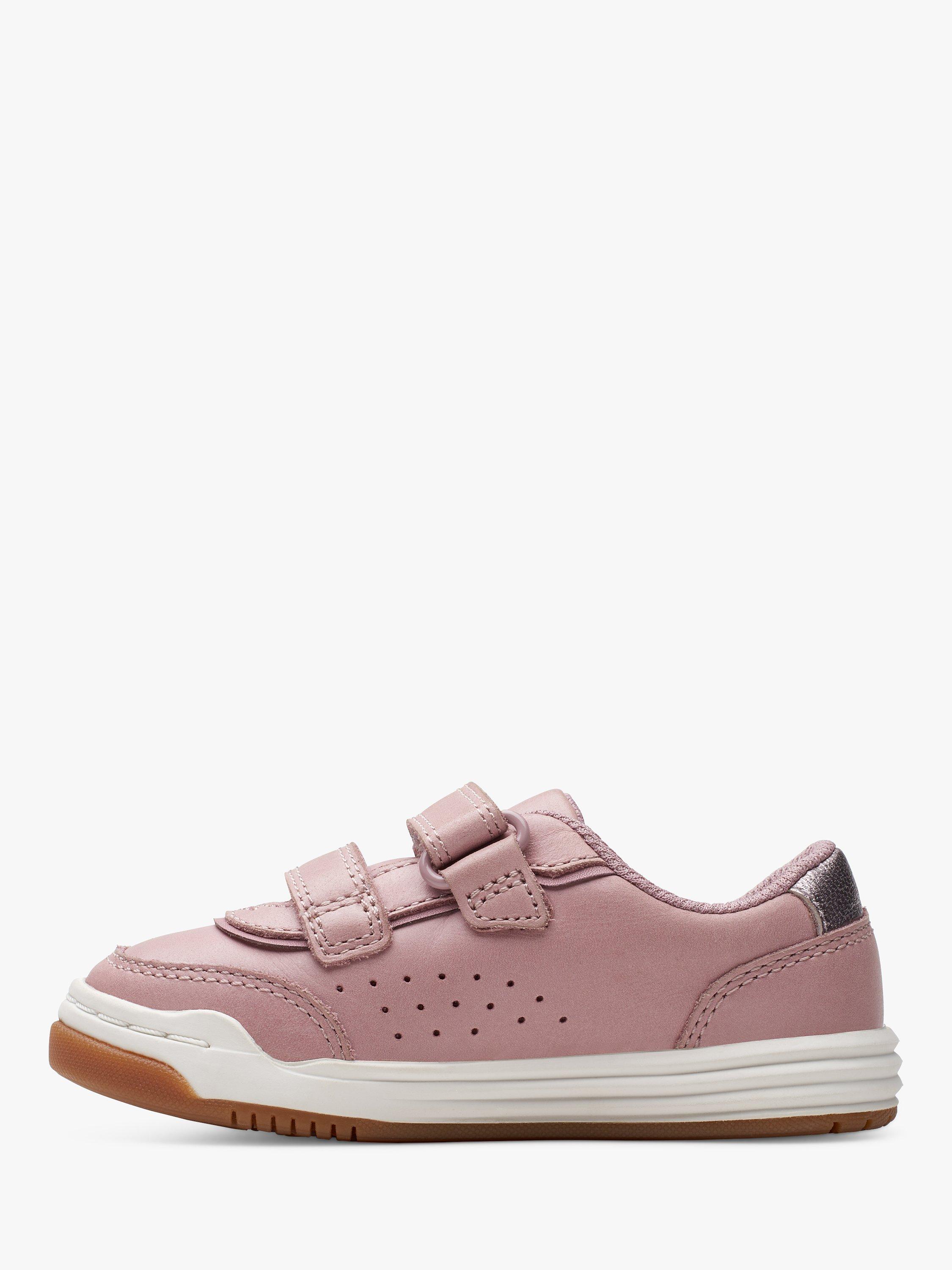 Product image 2 of 6, which shows Clarks Kids' Urban Solo Leather Riptape Trainers, Dusty Pink, 4F Jnr