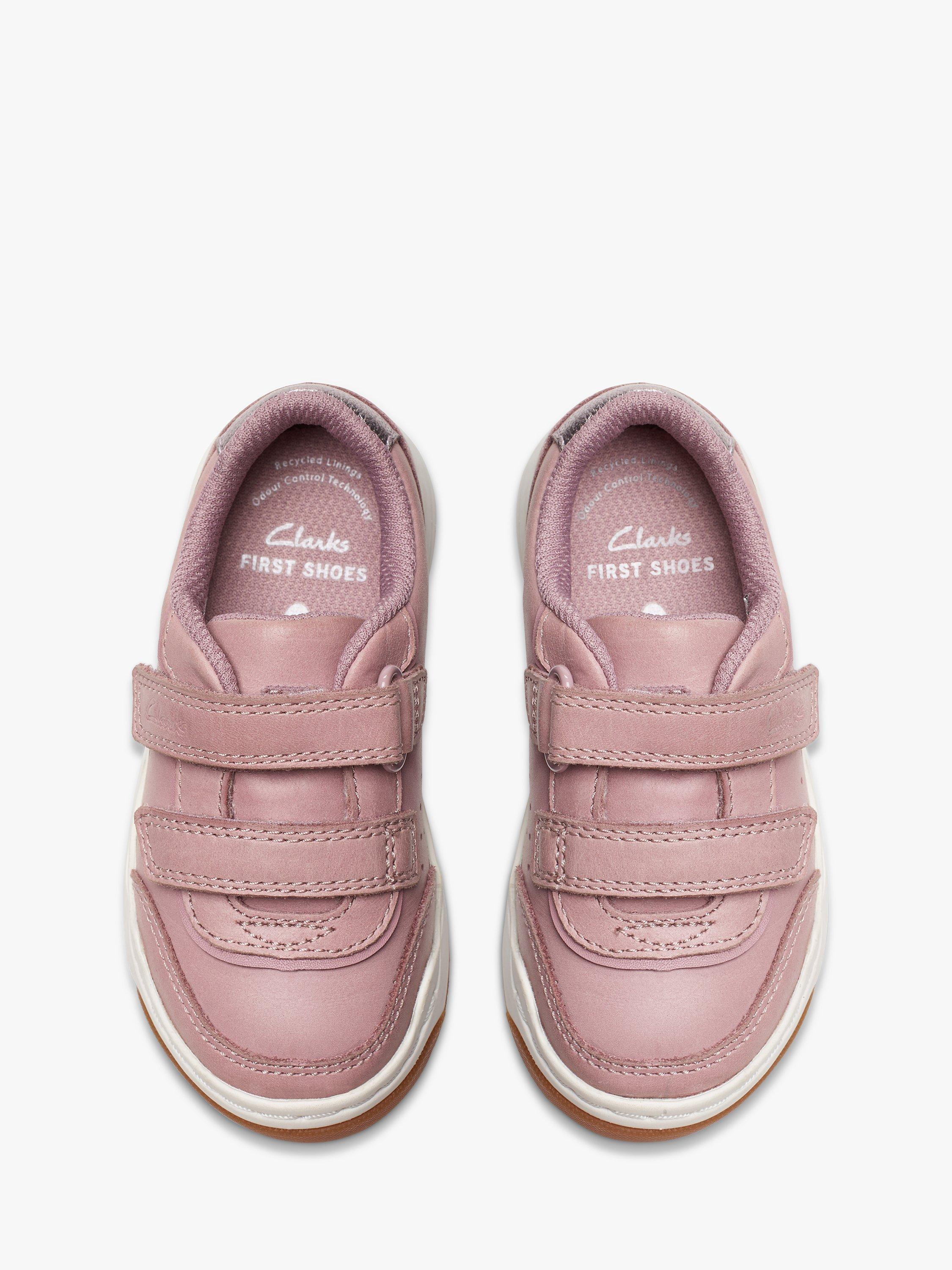 Product image 6 of 6, which shows Clarks Kids' Urban Solo Leather Riptape Trainers, Dusty Pink, 4F Jnr
