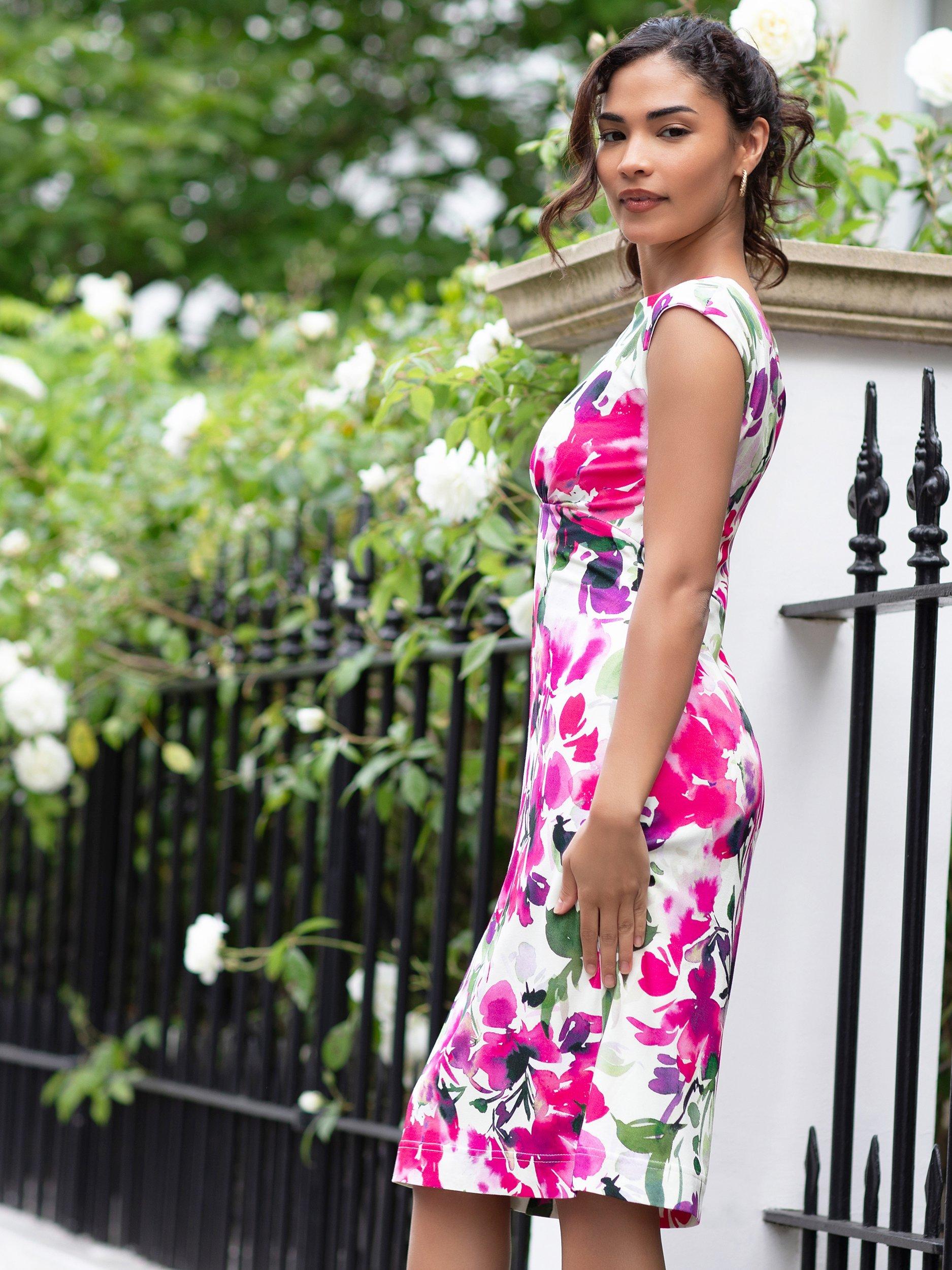 Product image 6 of 7, which shows Alie Street Petite Pippa Floral Shift Dress, Fuchsia, 8-10