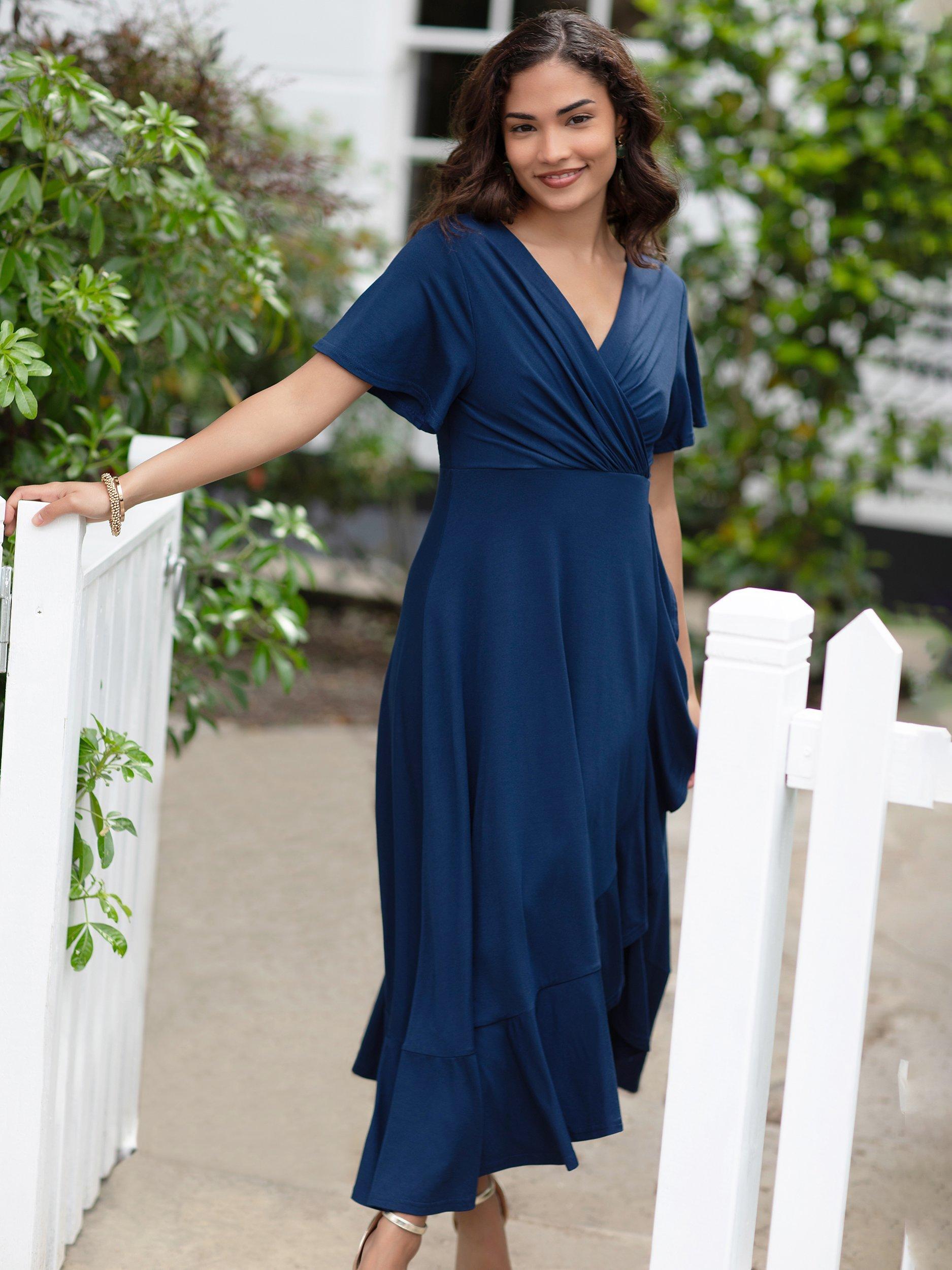 Product image 3 of 9, which shows Alie Street Petite Waterfall Dress, Navy, 6-8
