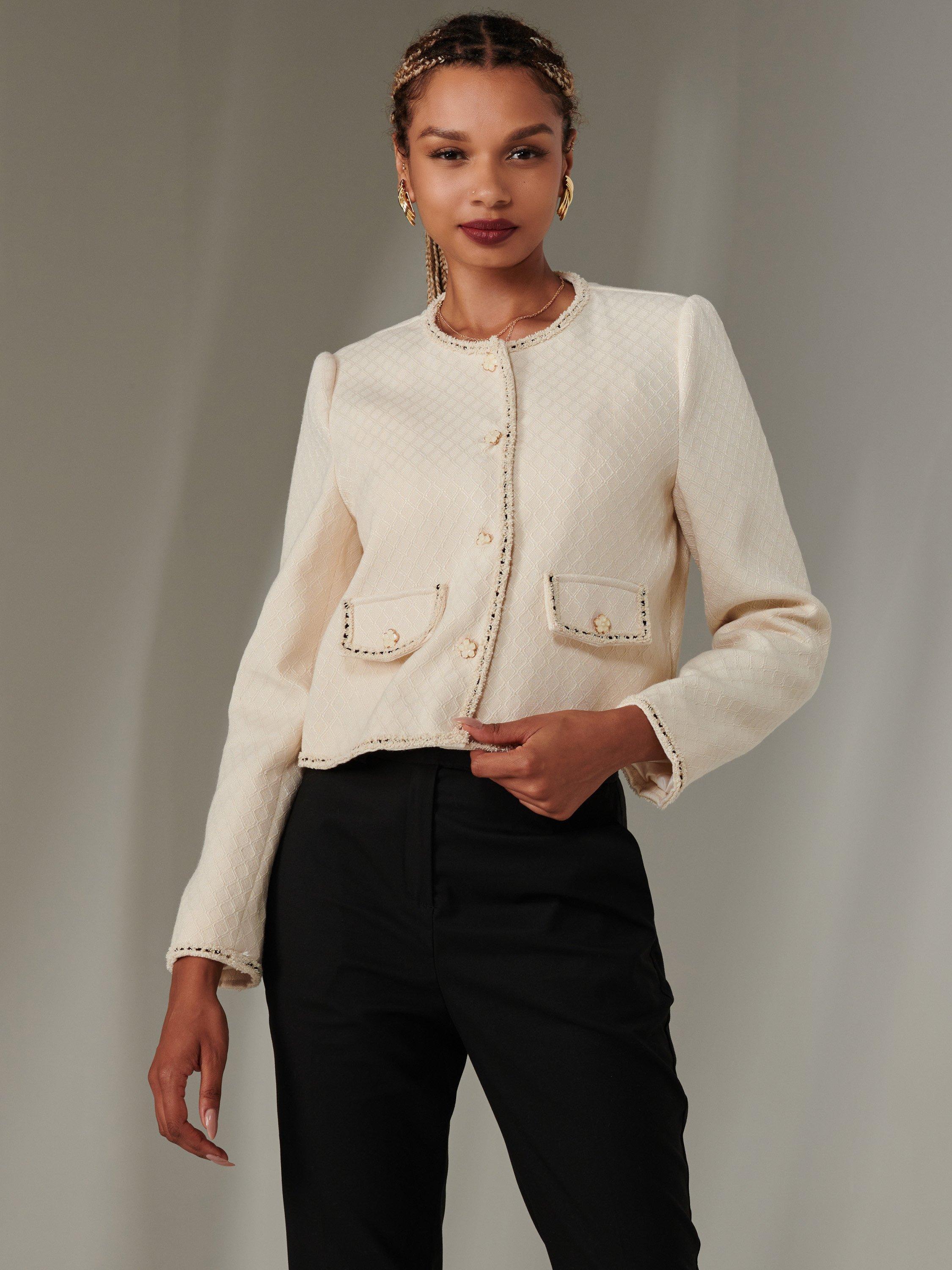 Jolie Moi Contrast Trim Tweed Jacket Oatmeal